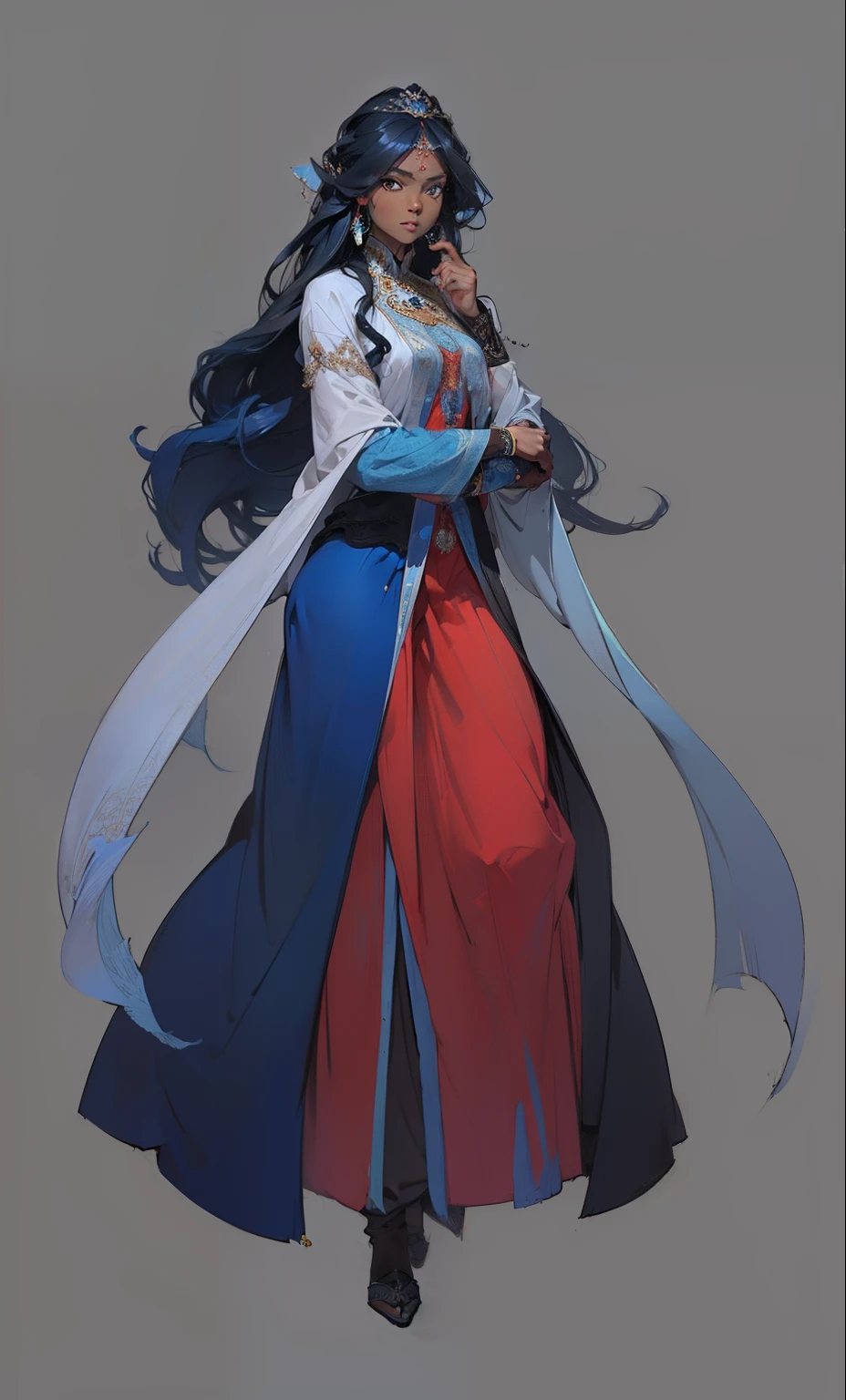 dark skin, Arabian clothing, long hair, curly hair, flowing hair, deep blue hair