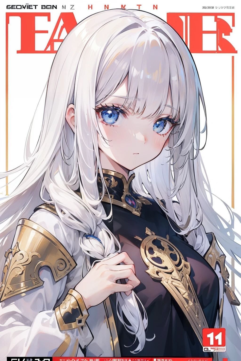 (masuter piece,Best Quality,Ultra-detailed), (A detailed face), Movie Posters, hight resolution, 1girl in, (front-facing view), (cyberpunked), (Lucy), Golden white hair, (golden-white hair with bangs,), (PlayLong hair), Two-tone hair, Gold Eye, white clothes, The upper part of the body, flat-chest, (Beautiful Detail Eye: 1.1), (Detailed hand), (Detail light: 1.1), Film Light, light skinned, (looking at the viewers), (magazine:1.3), (cover-style:1.3), Fashionable, Textured skin, Super Detail, Tarot Boundary, border, Alfonse Mucha