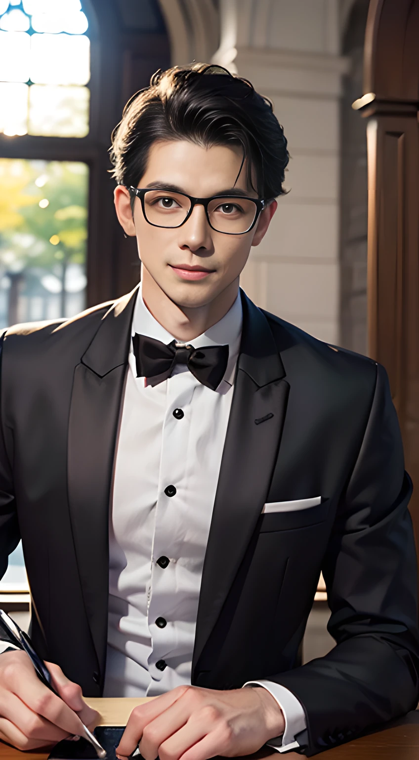 ((Men only)), (head shot), (black), (showing his abs), (Handsome muscle man in his 30s), (smile), ((black tuxedo)), (black tie), (Clark Kent), in the church, (detaile: 1 in 1), Natural muscles, HIG quality, beautidful eyes, (Detailed face and eyes), (Face、: 1 / 2), Noise, Real Photographics、... ..................................................................................................................PSD, Sharp Focus, High resolution 8K, realisitic & Professional Photography, 8K UHD, Soft lighting, High quality, Film grain, FujifilmXT3