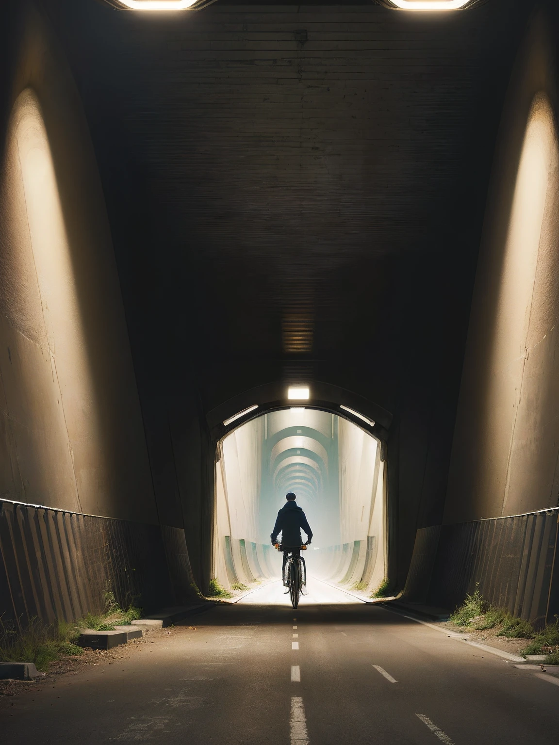 There is a man riding a bicycle on the street under the bridge。, inside the tunnel, under bridge, tunnel, an empty liminal space, Stand in the tunnel, Lights at the end of the tunnel, toward to the camera, empty liminal space, In the middle of the city, the scary empty liminal spaces, liminal space hallway