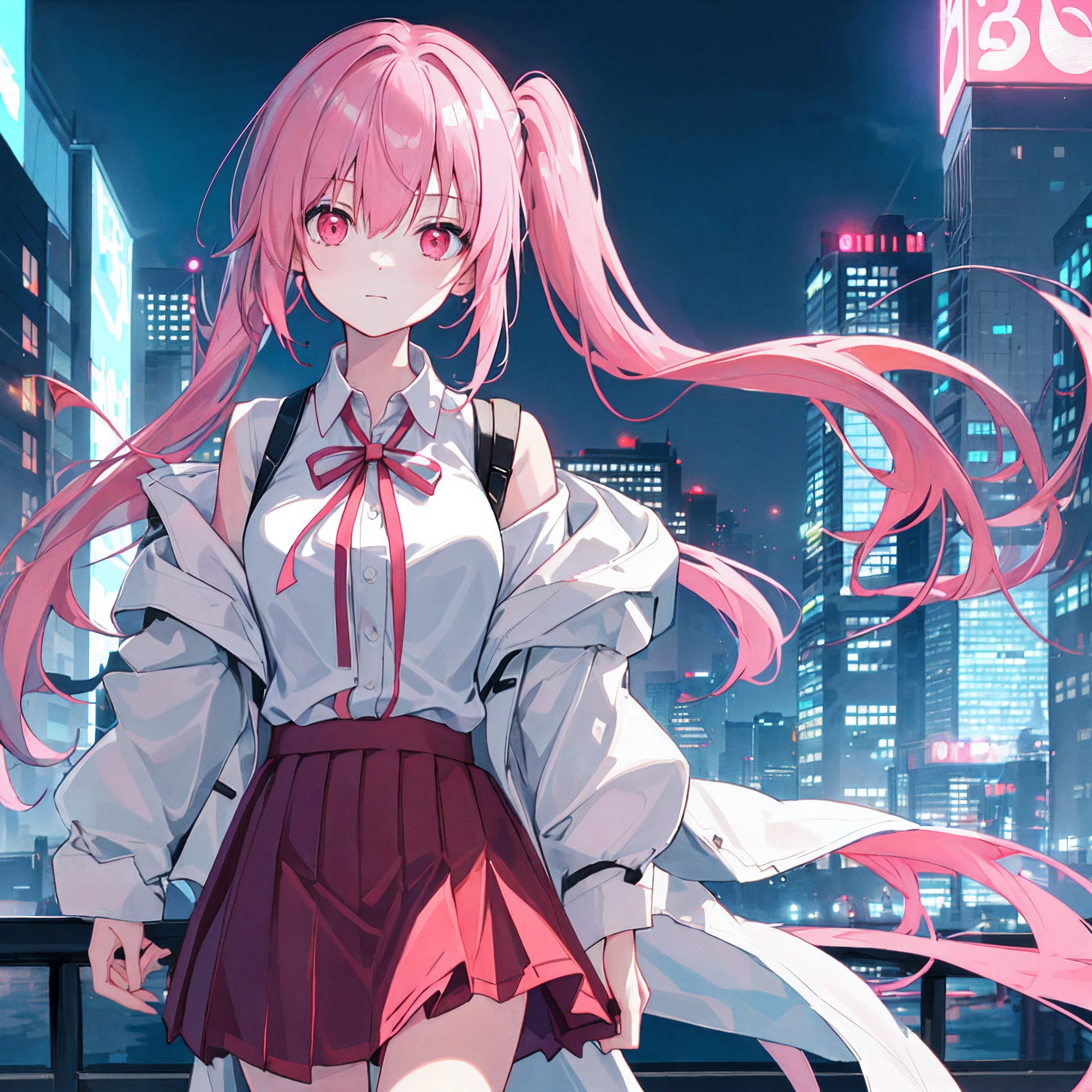 1girll, Solo, ****, Petite, (Very_Long_Hair), (Pink_Hair:1.2), pigtails, (Red_Eyes), mediating_Breasts, (White_shirt:1.5), (wind coat), (Off_Shoulder:1.2), (Portrait), Glowing_Eyes, Background_Light, (Cityscape:1.5), (pleatedskirt, )(neonlight_lamp lights:1.2), (Science), Cyberpunk, ((Masterpiece)), (A high resolution), (Best_quality), (highly_Detailed), (Original), (Delicate background), （Very detailed 8k wallpapers），cinmatic lighting，Volumetriclighting，light particules，Shadowed side，beatiful detailed eyes，depth of fields，ssee-through，huge-breasted