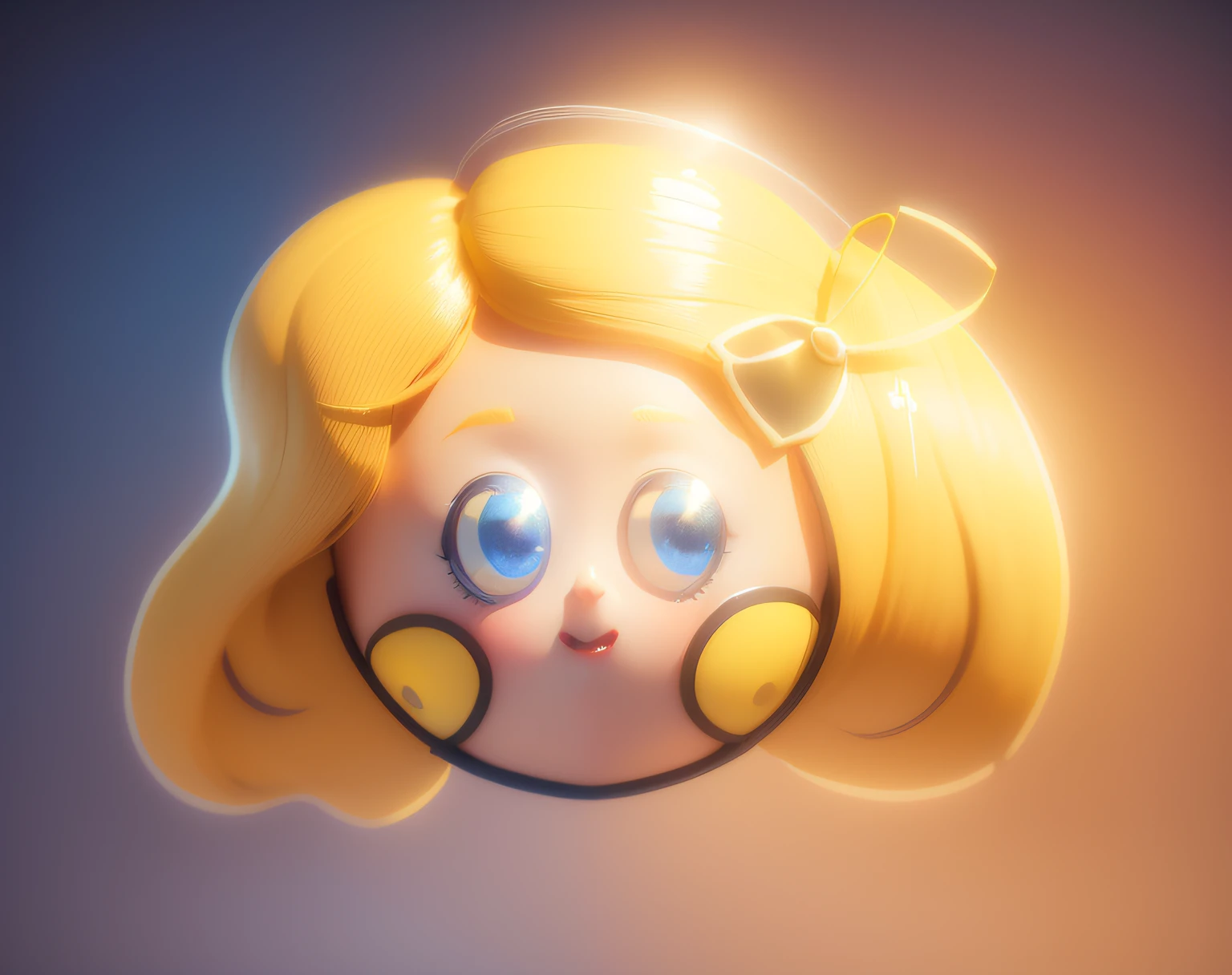 a Super cute girl, head, Fantastic cute hair, Yellow air, Yellow blonde air, Blue bow hair ornament, IP design, Clean bright background 3D rendering, oc rendered, 8K, Soft focus, Fine gloss super detail --ar 3:6 50 --q 2 --niji 5 --Style expression --s 2
