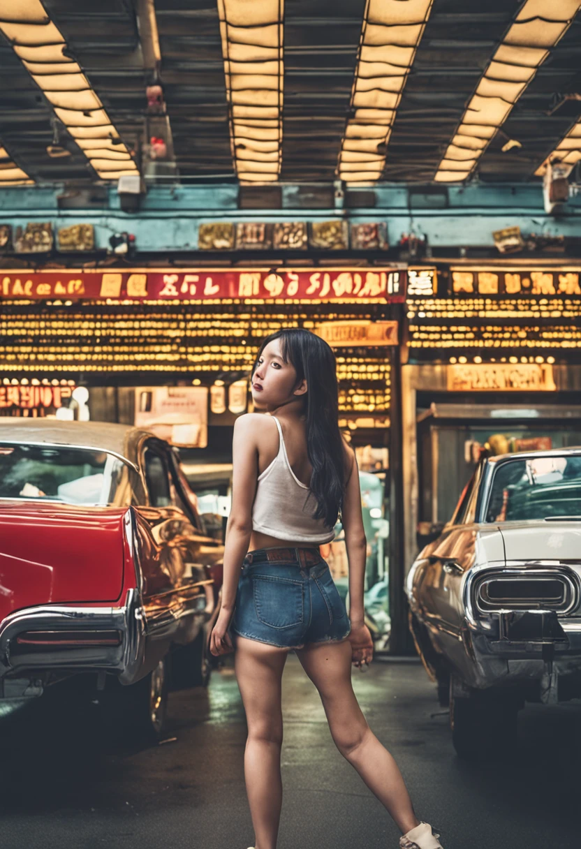 Film Portrait Photography、Best Quality, masutepiece, 超A high resolution, (Photorealistic:1.4), 1girl in, Wear a tank top,denim pant、 (lovely breast:1.2), Looking at Viewer, (((straight from front))), Film grain, FujifilmXT3, ((medium shot:1.5)), (Professional Lighting:1.6)