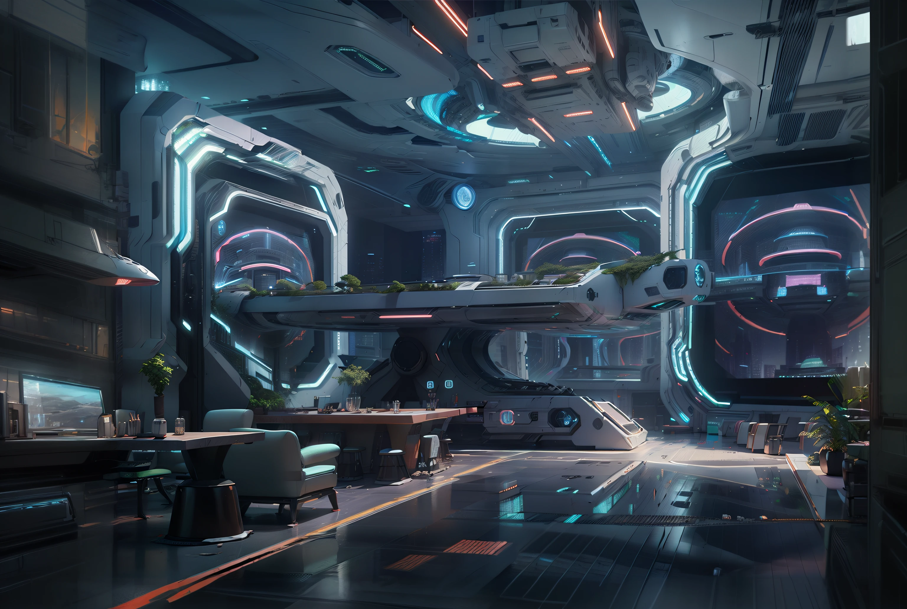 spaceship interior with a table and chairs and a large window, 8 k high detail concept art, futuristic setting, 8 k concept art, 8k concept art, scifi environment, sci - fi interior, scifi setting, sci - fi environment, 8k hd concept art, detailed 4k concept art, futuristic environment, surreal sci fi set design, futuristic base