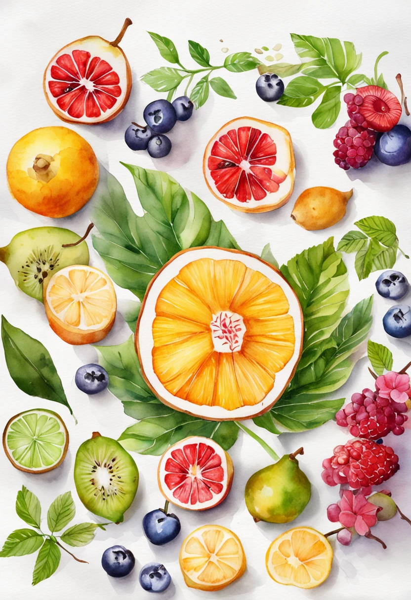 white backgrounid、florals、green leaf、the fruits、tropical fruit、Tiramisu、Still life photography