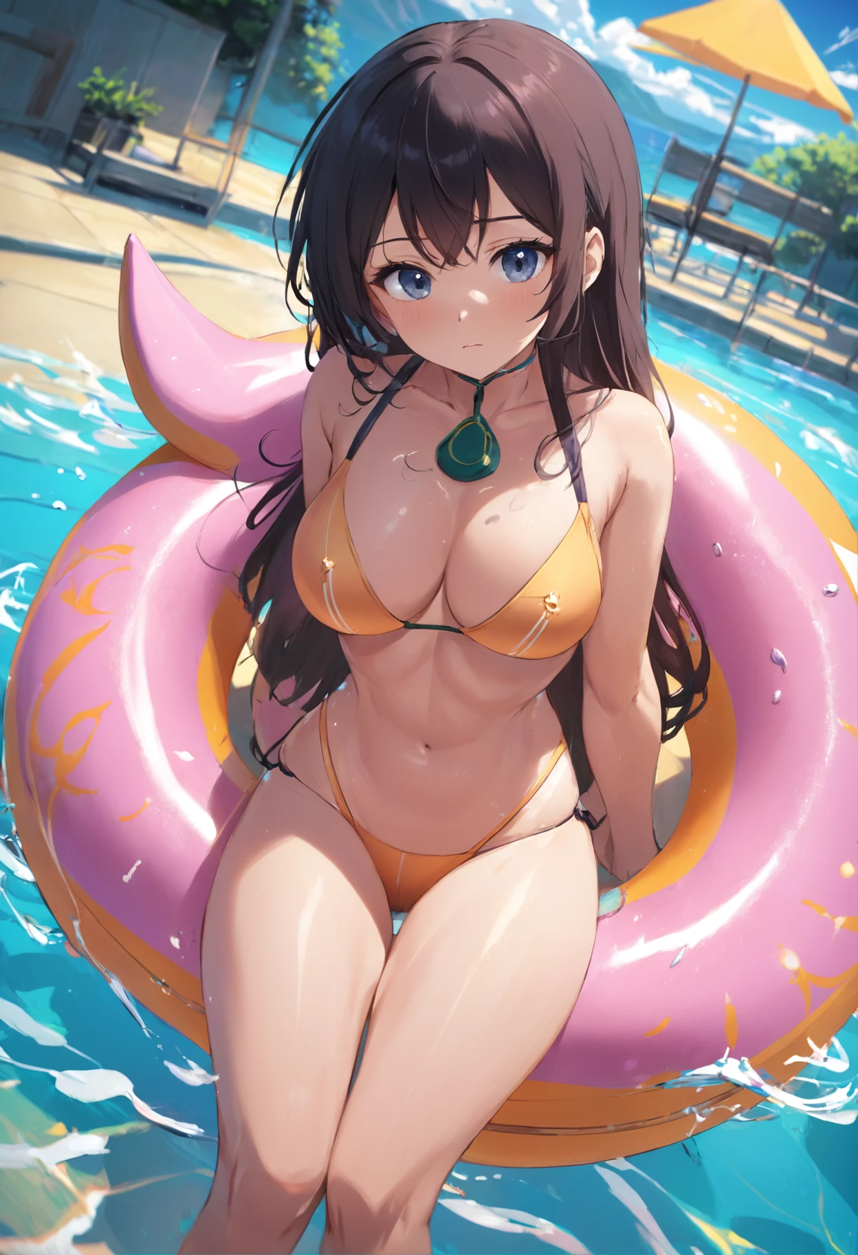 Big breasts swimsuit Beautiful woman lying on swimming ring