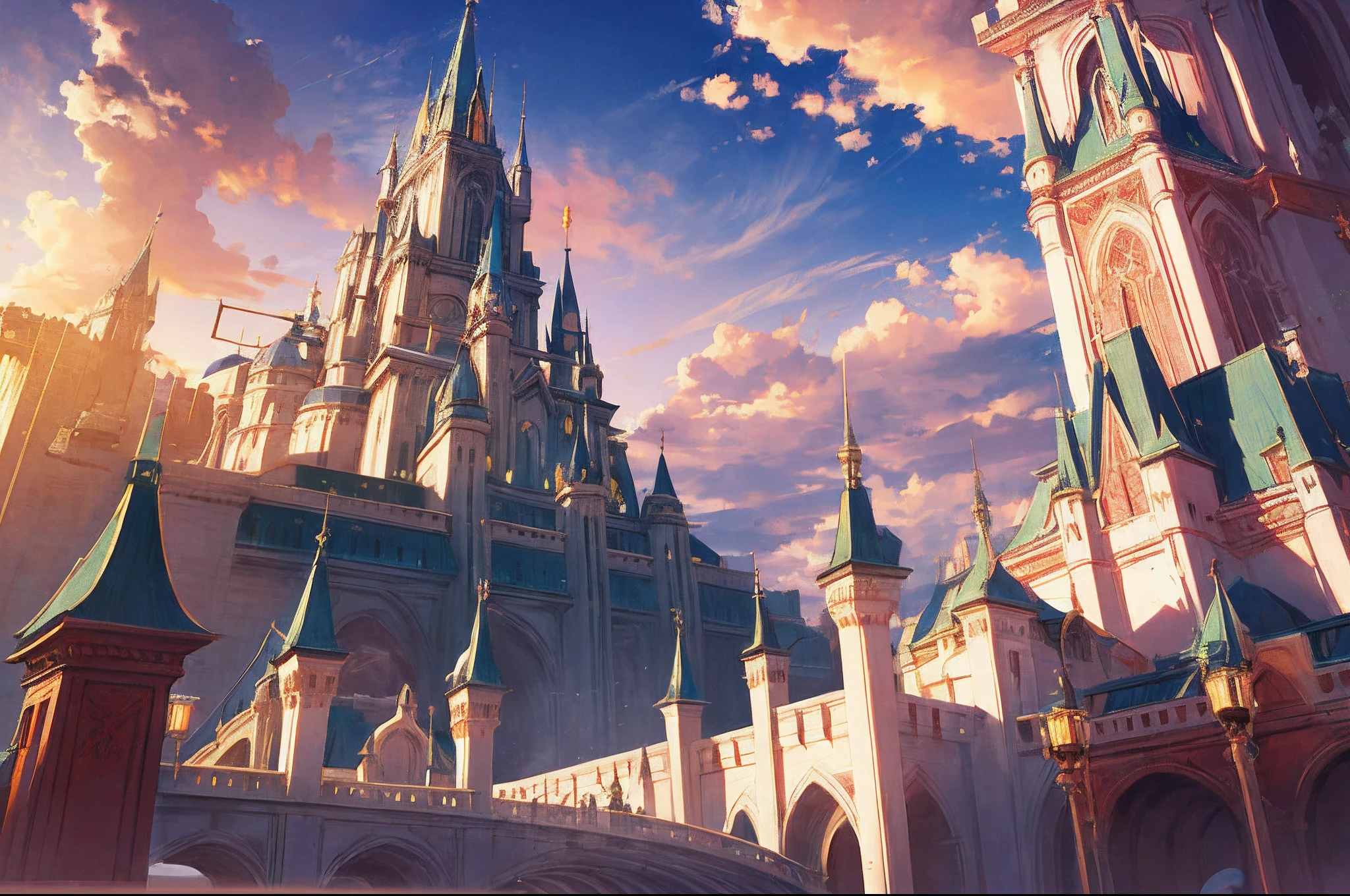 (Fantastic, Magic World, floating Castle):1,2, (Colorful flowing clouds, the twilight, sunset, magic hour, Scenic center):1.4, 1 cute girl, small stature, tiny, kawaii, sound, dressed, short ruffled dress, thin bolero, pale green hair, short hair, deep blue eyes, round eyes, smile, happy, forehead, red-rimmed glasses, (highly detailed CG, ultra detail background, Best quality, masterpiece,
