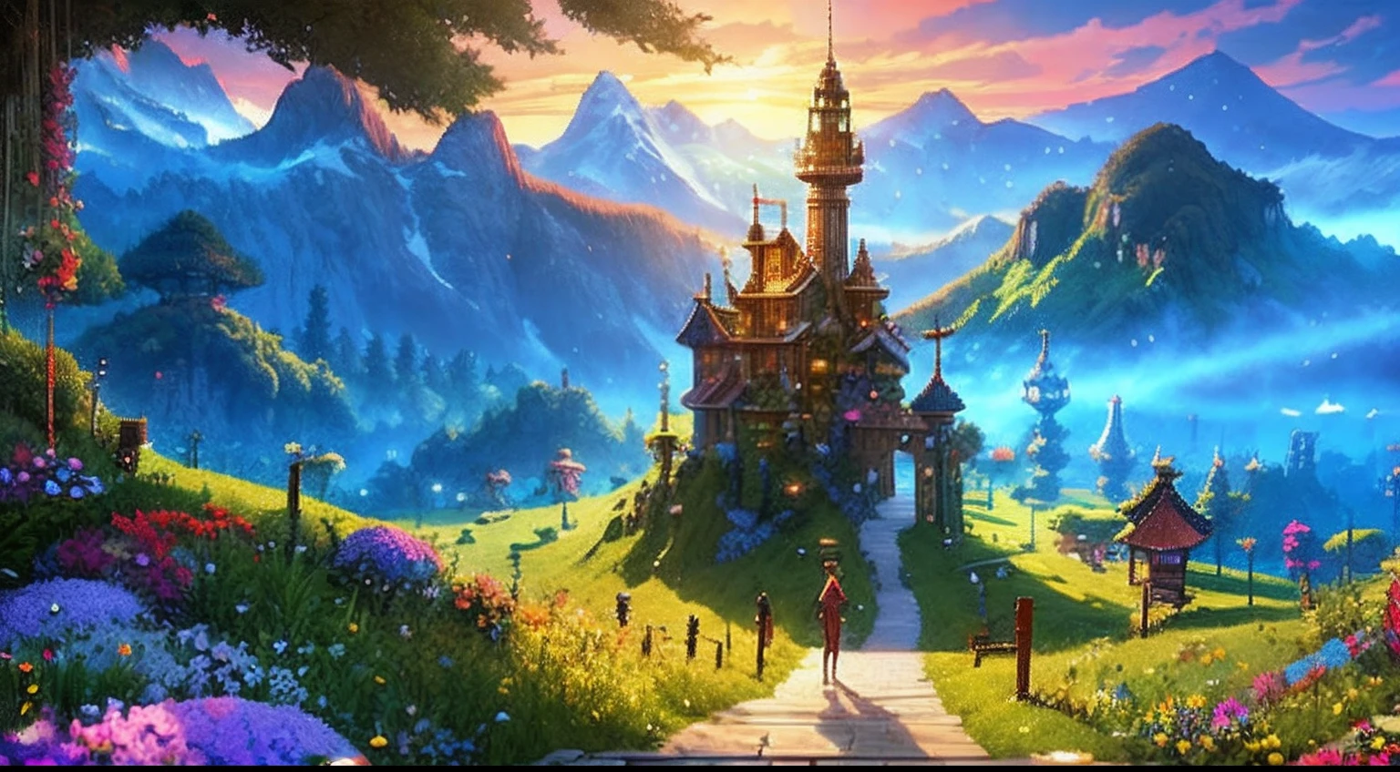 pixel game,scenography,fantastical scenes,a paradise, Pixel art #pixelart