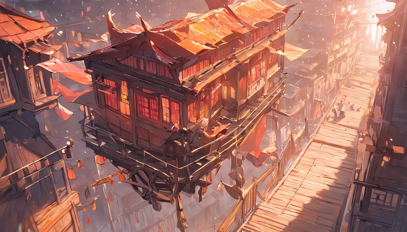 Illustration Metro vilage, flying houses, Medieval houses is flying, wooden stair, flying train, Red Star Yellow Flag, horizontal view, high detail, Flying wooden motorcycles,