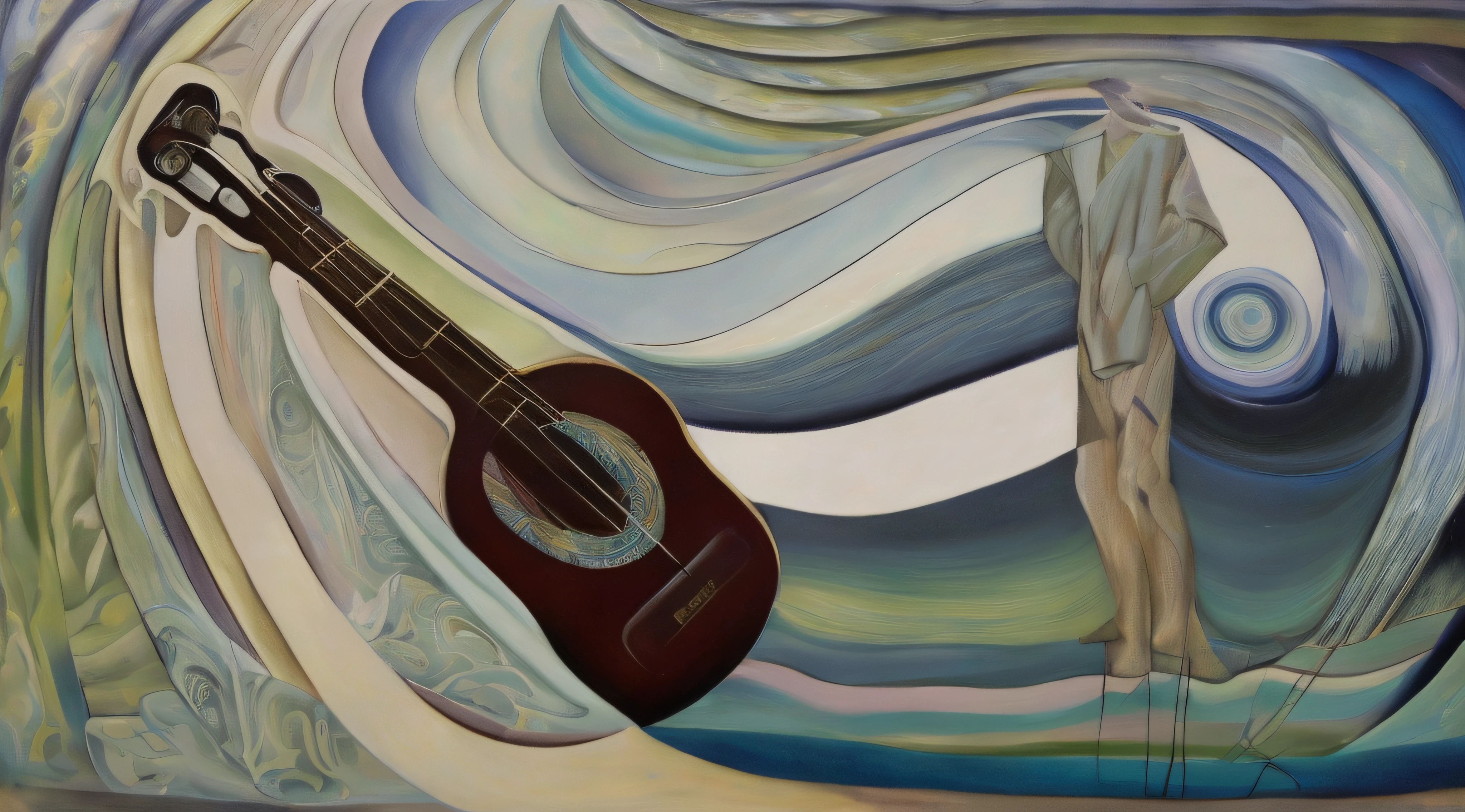painting of a guitar and a man in a blue and white swirly background, virtuosic painting, guitar, inspired by Yves Tanguay, by Neysa McMein, inspired by Anna Füssli, inspired by Philipp Veit, by Amanda Sage, the guitar player, musician, flowing rhythms, inspired by Carpoforo Tencalla, inspired by Joseph Stella