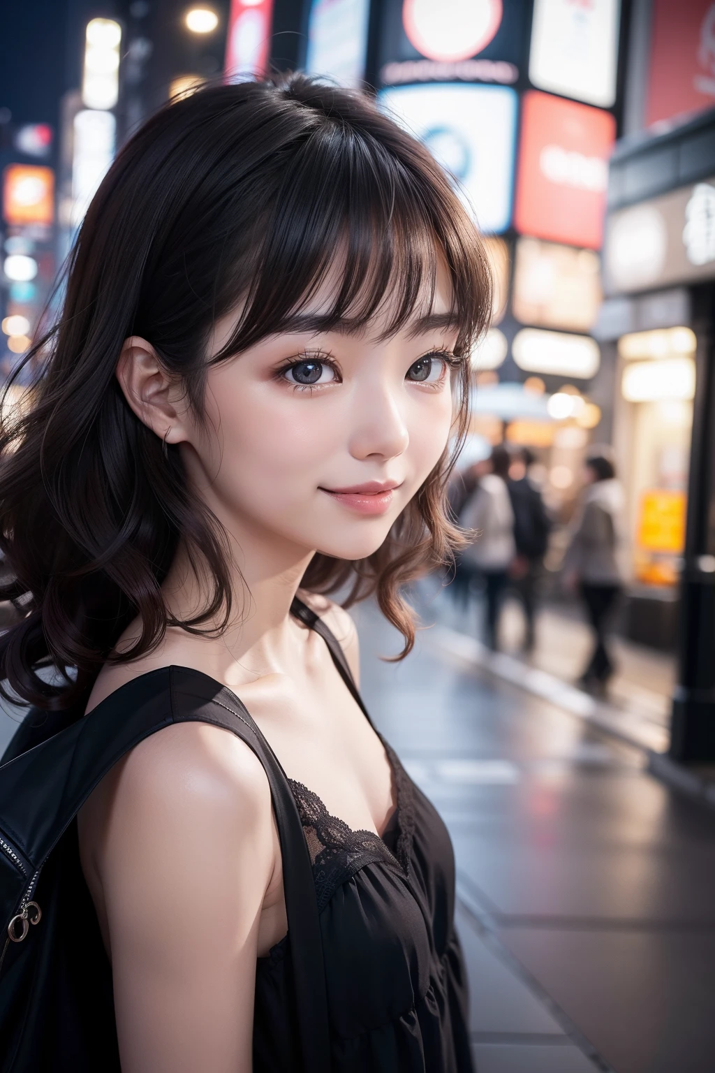 studio lights、depth of fields、The upper part of the body、A slender、cute  face、A smile、Beautiful detail eyes、Japan 19 years old、cute little、Voluminous curls with warm black color、plaza、rcasual、The city of Ginza