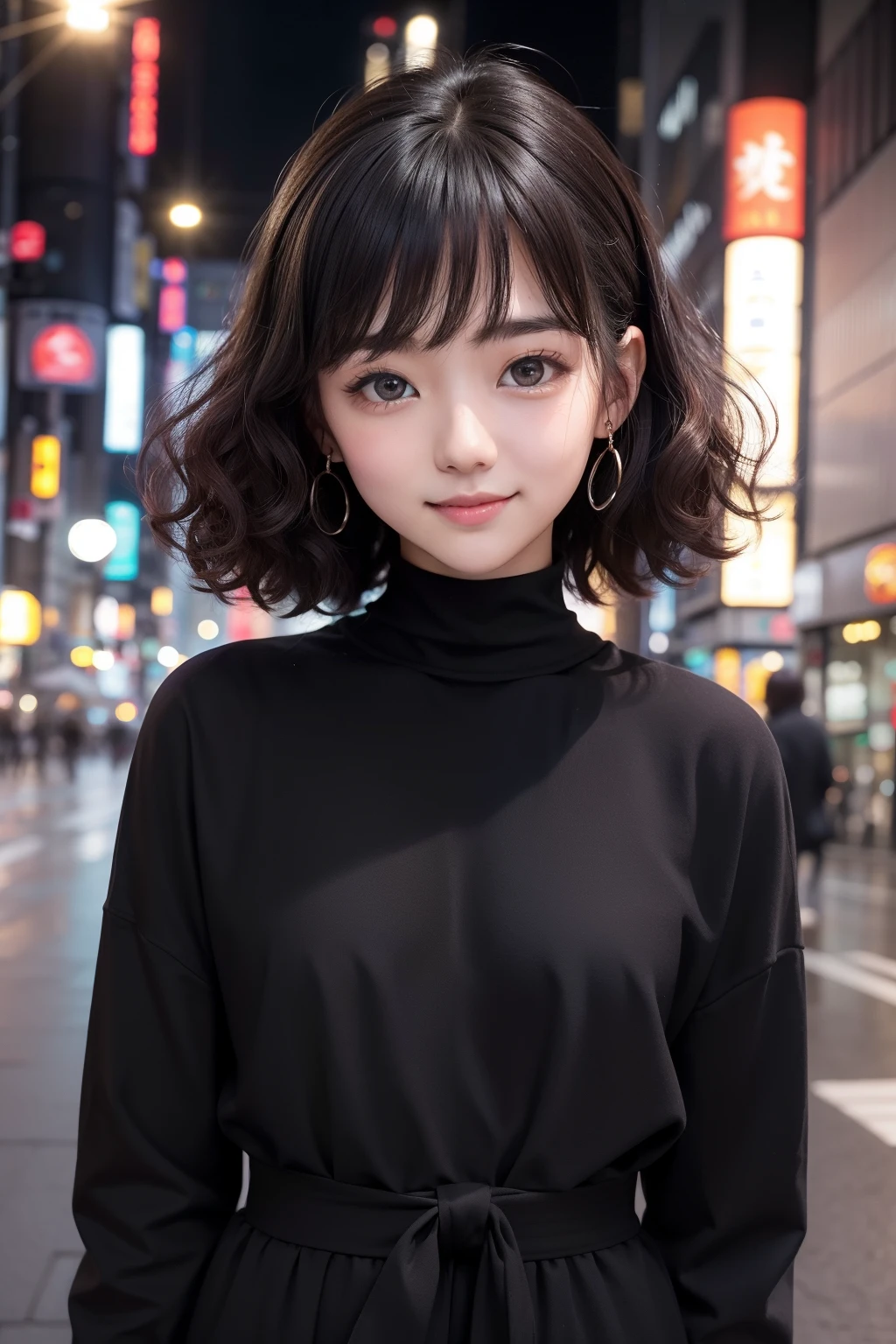 studio lights、depth of fields、The upper part of the body、A slender、cute face、A smile、Beautiful detail eyes、Japan 19 years old、cute little、Voluminous curls with warm black color、plaza、rcasual、The city of Ginza
