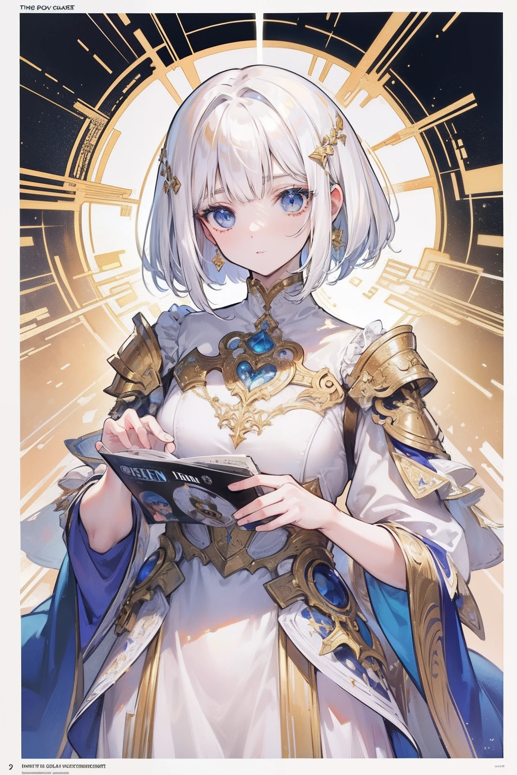 (masuter piece,Best Quality,Ultra-detailed), (A detailed face), Movie Posters, hight resolution, 1girl in, (front-facing view), (cyberpunked), (Lucy), Golden white hair, (golden-white hair with bangs,), (bob cuts), Two-tone hair, Gold Eye, white  clothes, The upper part of the body, flat-chest, (Beautiful Detail Eye: 1.1), (Detailed hand), (Detail light: 1.1), Film Light, light skinned, (looking at the viewers), (magazine:1.3), (cover-style:1.3), Fashionable, Textured skin, Super Detail, Tarot Boundary, border, Alfonse Mucha