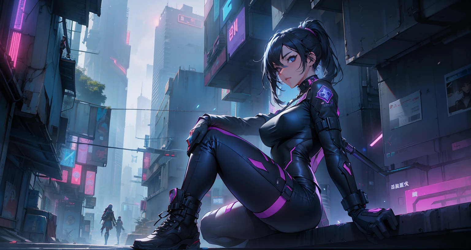 With the scenery of a cyberpunk city lined with skyscrapers、Her presence is enchanting,、Wrapped in mysterious magic。Girl is perched on a pipe on a hill。Erase Others