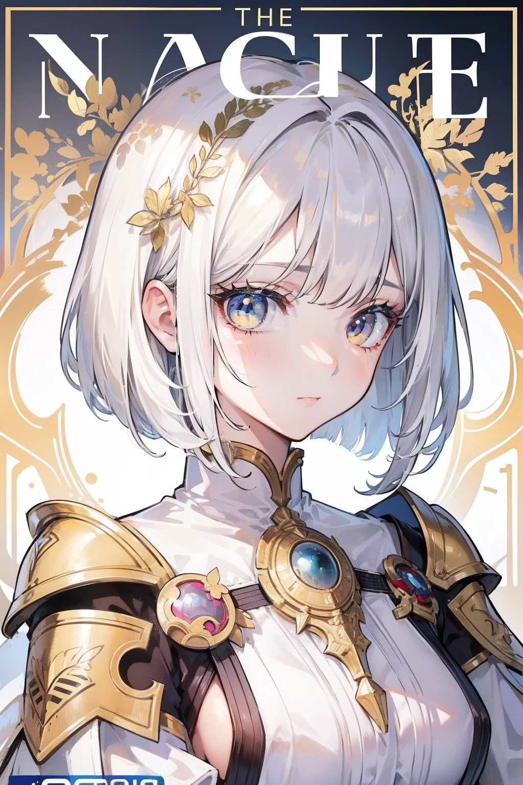 (masuter piece,Best Quality,Ultra-detailed), (A detailed face), Movie Posters, hight resolution, 1girl in, (front-facing view), (cyberpunked), (Lucy), Golden white hair, (golden-white hair with bangs,), (bob cuts), Two-tone hair, Gold Eye, white  clothes, The upper part of the body, flat-chest, (Beautiful Detail Eye: 1.1), (Detailed hand), (Detail light: 1.1), Film Light, light skinned, (looking at the viewers), (magazine:1.3), (cover-style:1.3), Fashionable, Textured skin, Super Detail, Tarot Boundary, border, Alfonse Mucha