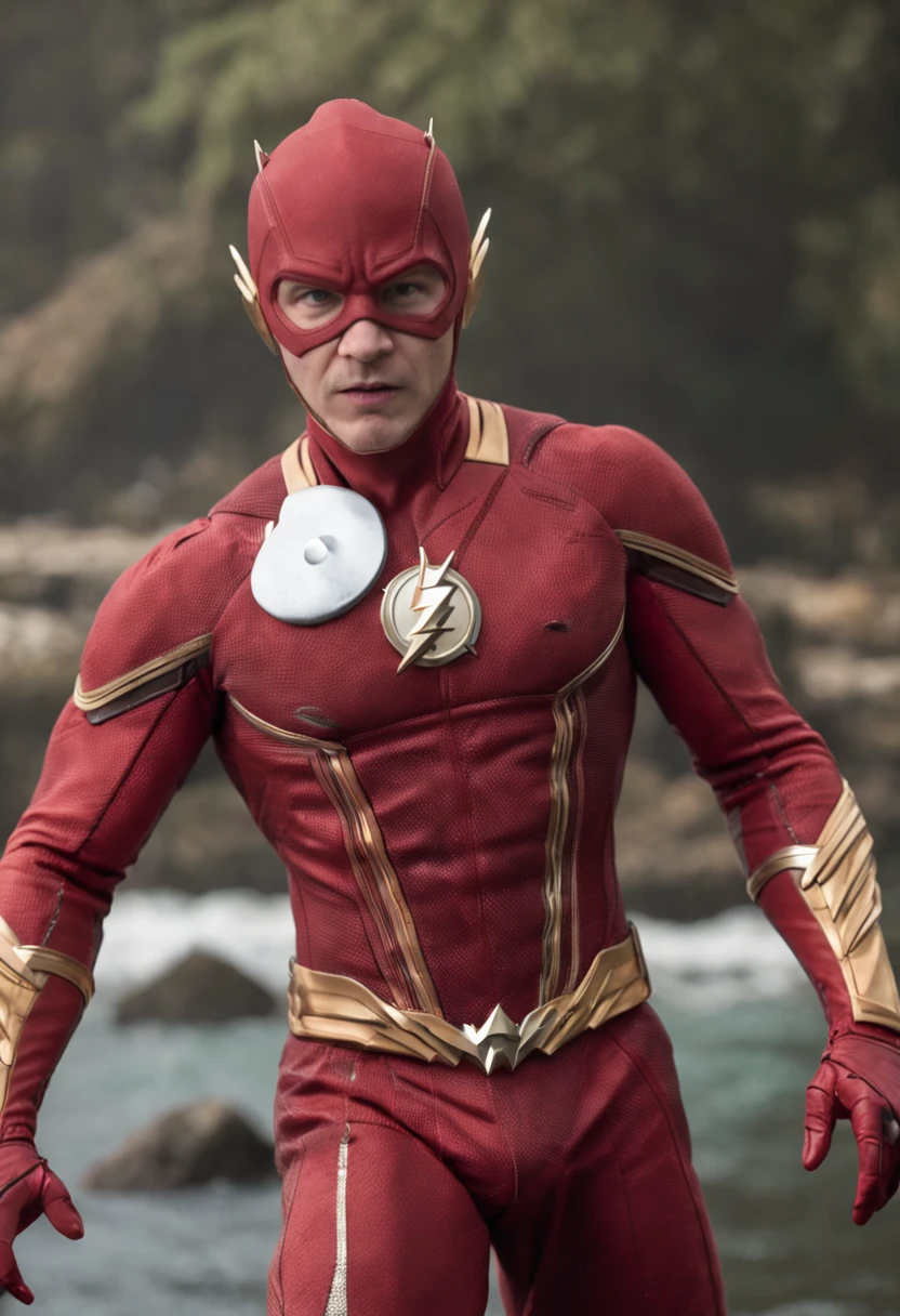 "epic battle between Flash and Aquaman with stunning special effects, intense action, and powerful dynamics"