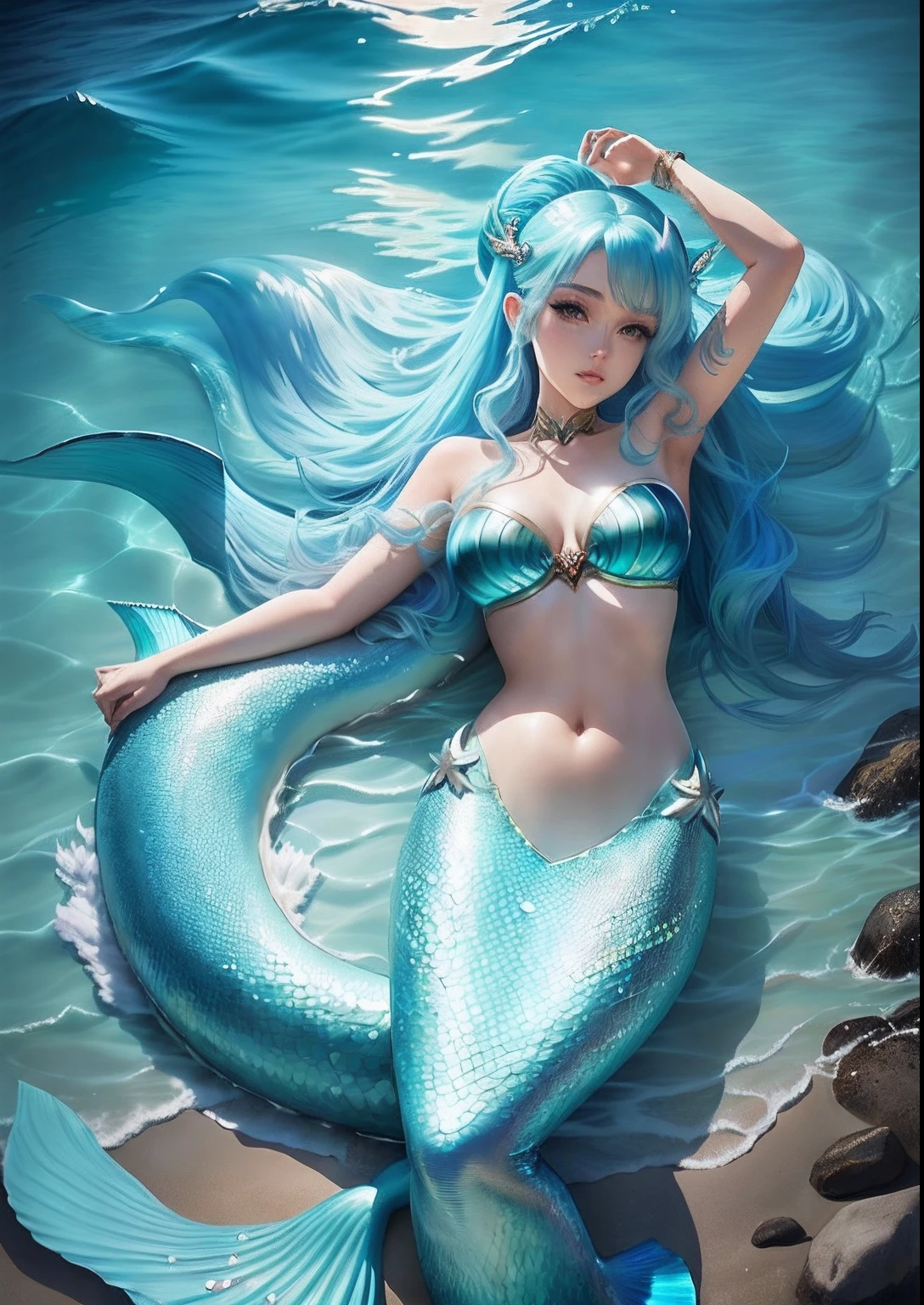Mermaid with blue hair and blue tail, beautiful mermaid, mermaid, ariana grande as a mermaid, Asian Woman Water Elemental, mermaid body, goddess of the sea, aquamarine, water elemental, emma watson as sea mermaid, water fairy, Lamia, nami one piece, style of anime》, Goddess of the sea, Siren, anime woman fullbody art, Mermaid tail