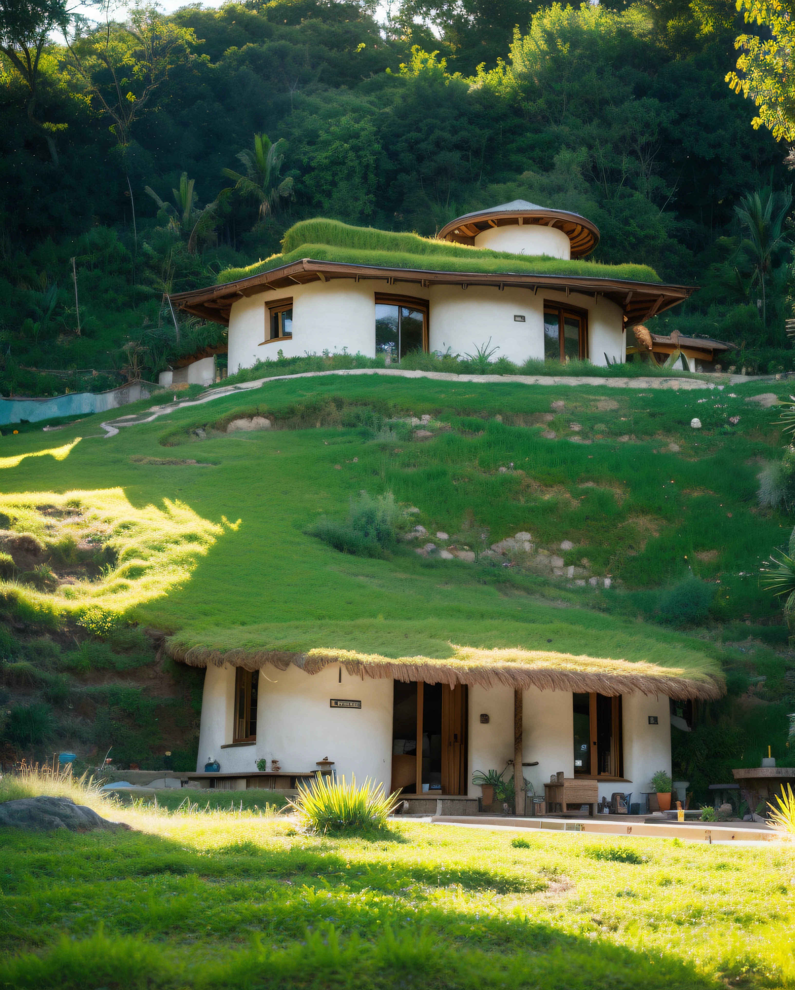 A imposing symetric contemporary modern hobbit house with a organic curved walls in tropical garden, plaster (((rustic mud stucco))) and a (((wave shape greenroof with a wood edge))), (((wood and rake fascia roof))), eaves, porch, ((timber frame roof)), in the bali (((tropical backyard))), ((rounded corners walls)), ((rustic mud plaster)), (((curved organic rounded corners walls))), (((rustic earth plaster, mud clay stucco))), natural houses, bali style, Organic Buildings, Organic Architecture, Earthworks, Ecovillage, Sustainable Architecture, Biobuilding, Solarpunk Architecture, (((Grass Roof, Green Roof, Green Wave Roof, Rounded Roof, vegetated roofs))), green architecture, Passive house, Rock Foundation, clean sky in background, Interdimensional Villa, a painful beauty, organic architecture, green house, Super Resolution, cinematic, color grading, editorial photography, photography, Photo Shoot, 3/4 views, 3 / 4 views, 3 / 4 extra - wide shot, front view dramatic, Spring 50mm, Depth of Field, Intricate Details, Natural Colors, Sharp Focus, Warm Light, Shutter Speed 1/1000, F/22, White Balance, Ray Trace Reflections, Lumen Reflections, Screen Space Reflections, Diffraction Classification, Chromatic Aberration, GB Offset, Partial Illumination, Backlight, Natural Illumination, Sweep Lines, Ambient Occlusion, Anti-Aliasing, Shaders, OpenGL-Shaders, GLSL-Shaders, Post Processing, Post Production, The Shading, Tone Mapping, Insanely detailed and intricate, hypermaximalist, elegant, hyperrealistic, super detailed, dynamic pose, Fujifilm XT3