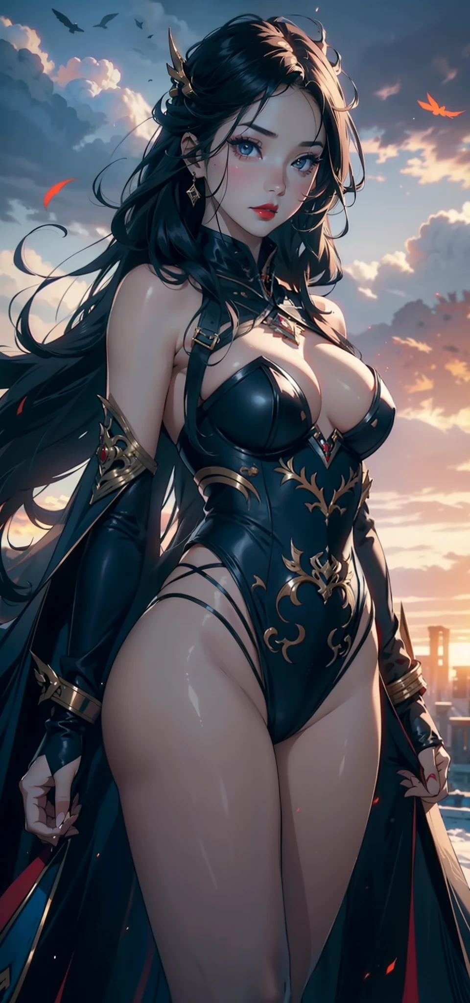1womanl,3 ,bit girl,Small loli,Rais sexy,Pornographic exposure, 独奏,Beauty contests,standing on your feet(Background with:A desert,snow mountains,chariot,at winter season,Blizzarding,Big snowflakes)Snow-white skin,On combat vehicles, She has long black hair,Long hair flutters in the wind,Redlip,dynamicposes,seen from the front, hair straight, mostly cloudy sky,(((tmasterpiece),(Very detailed CG unity 8K wallpaper),best qualtiy,cinmatic lighting,detailed back ground,beatiful detailed eyes,Bright pupils,(Very fine and beautiful),(Beautiful and detailed eye description),Black eyes,Redlip,ultra - detailed,tmasterpiece,)),facing at camera,(The upper part of the body),A high resolution,ultra - detailed),revealing breasts,Bare genitalia, Bulge,legs are open,sexyposture,Camel toes,Flushed complexion,Gold armor,frontage,(Wearing:venomize)