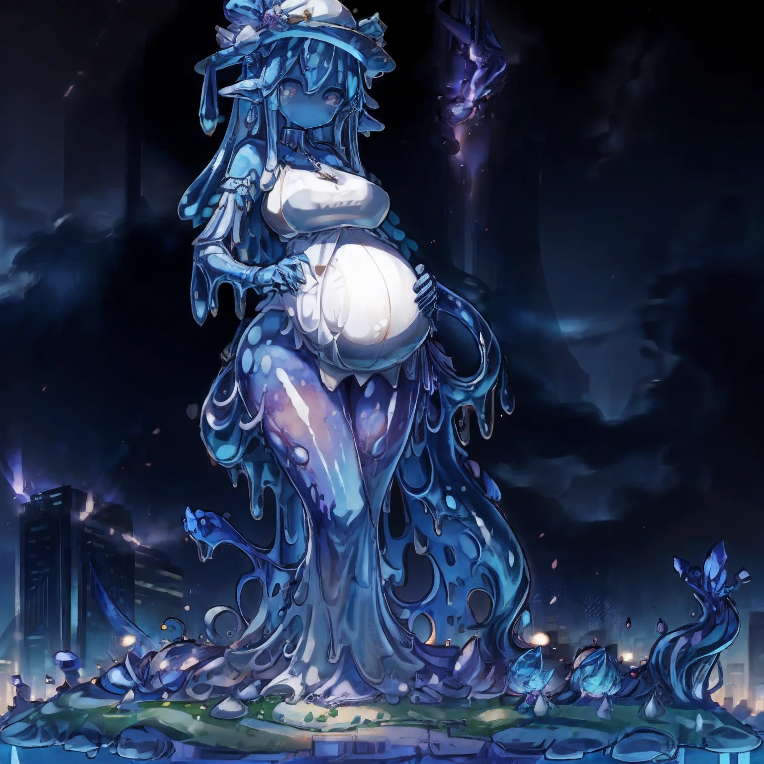A tentacle man holding four tits behind his back tentacle girl, slime, goddess, royal sister, parasitic devouring, slime, nausea, blushing and shy, big breasts, pregnant, tall giantess, giantess standing by the city tall building, female monster, giant giantess, huge sense of oppression, towering giantess, terrifying and beautiful, pregnant,milk, cute, holding, silk, string, parasitic hat, crystal horns, high quality, height,