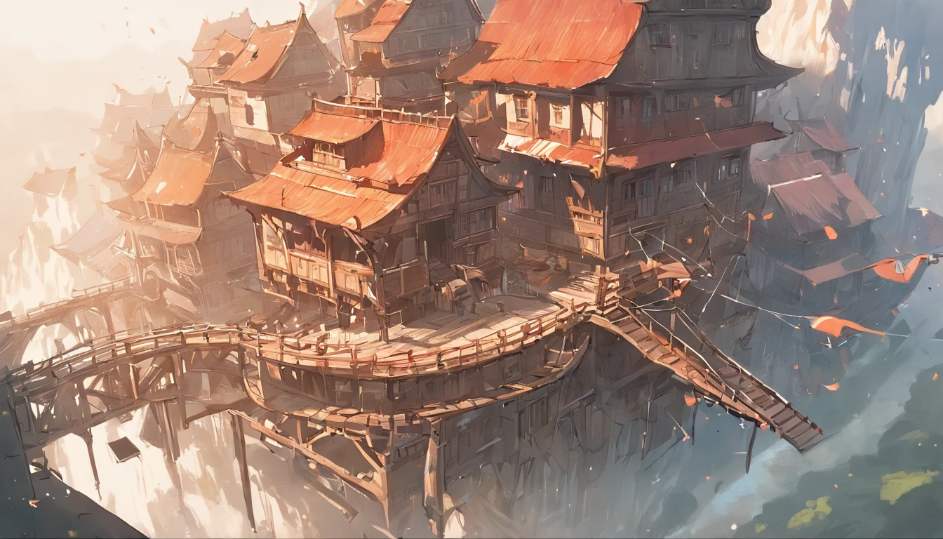 Illustration Metro vilage, flying houses, (Medieval houses is flying), Solitary houses, wooden stair, (flying train), Red Star Yellow Flag, horizontal view, high detail, Flying wooden motorcycles, fantasy,
