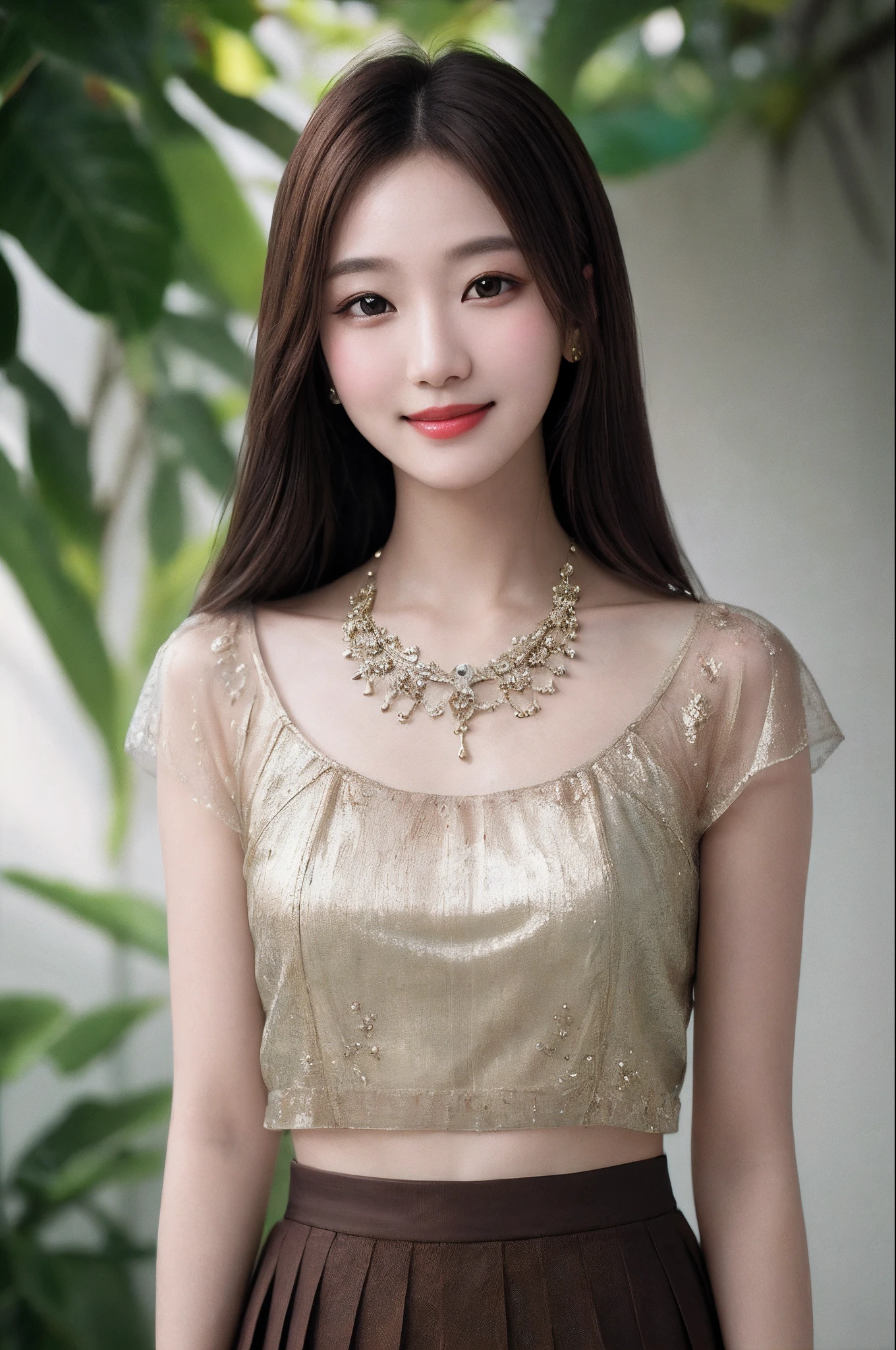 Kujo beautiful girls, 1girll, (Smile), Photo art, The background is blurred out, Brown eyes, Brown hair, Plumeria, hair adornments, jewelry, Lips, Makeup, Superskirt, Solo, An amazing photo with beautiful saturation, 超高分辨率,(Realistic:1.4)),deepshadow,(Best quality, Masterpiece), Pale skin, Dimly lit, Shade, flustered, Blush, Highly detailed, ((Upper body:0.8)), Skinny, BREAK depth of field, filmgrain, wrinkly skin, view the viewer, underdressing, Warm smile, (Masterpiece,Best quality:1.5) Masterpiece,Ultra photo realsisim,32K,Extremely detailed Cg Unity 8K wallpaper, Best quality, (Upper body:1.5)