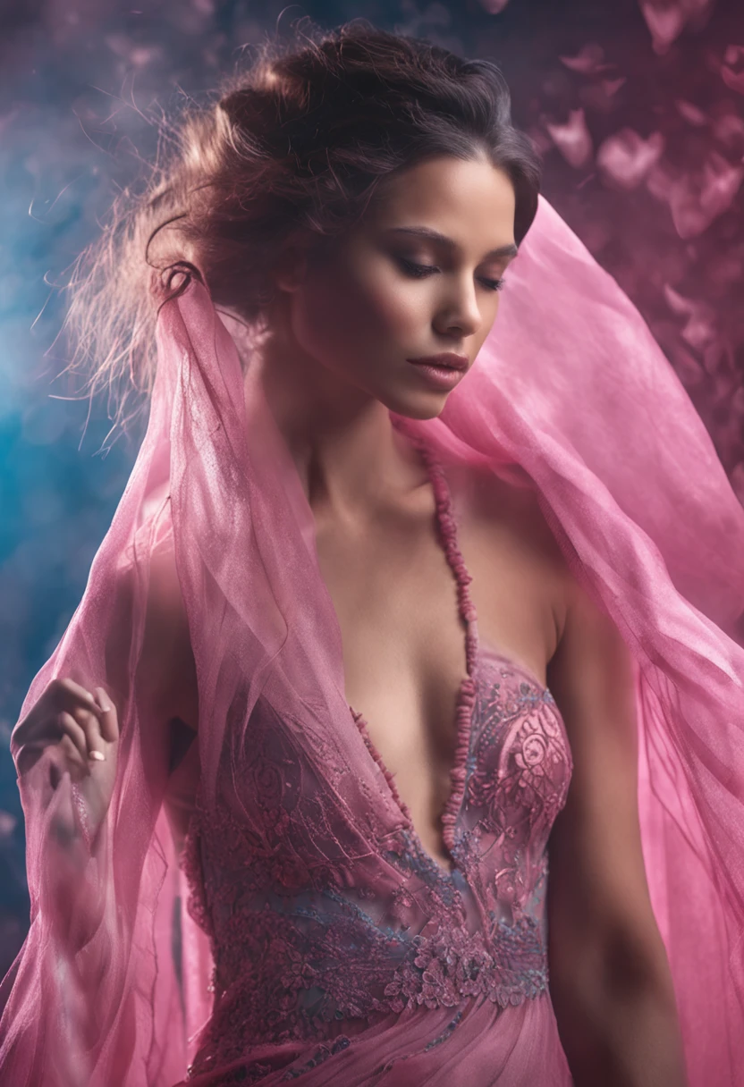 melhor qualidade, tmasterpiece, ultra-highresolution, Close-up of a woman in a flowing pink-blue gauze dress, close-up por todo o corpo, sexy para, ombros cortados, adolescente bonita, uma bela imperatriz fantasia, ethereal beauty, linda donzela fantasia, deusa bonita, ((uma bela imperatriz fantasia)), Fantasia Oriental, Ethereal Fantasy, cenas detalhadas, awesome pose, Attractive accessories, Pitoresco, cabelos pretos, fantasia, pequenos animais ao seu redor, no meio de uma floresta,