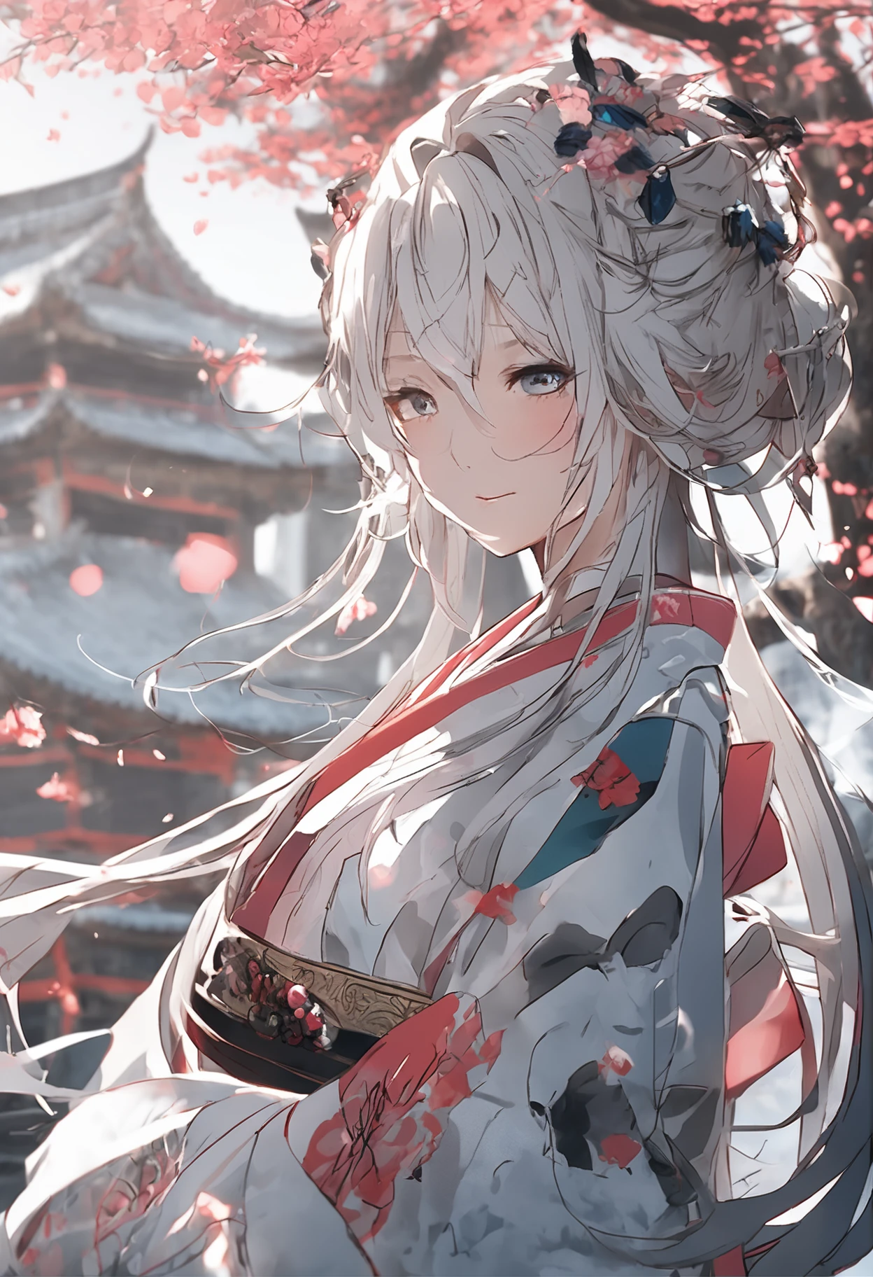 (realisitic、Photo Real:1.3)、top-quality、ighly detailed、​masterpiece、ultra-detailliert、illustratio、1 20 year old girl、Full-body figure、wearing Japanese kimono、Long white hair、Hair is fluttering、Eyes glow blue、dynamic ungle、extremely detailed CG unified 8k wallpaper、inky、magnifica、dynamic ungle、World Mastery Theater、messy_long_hair、top-quality、extremely detailed CG unified 8k wallpaper、inky、magnifica、movie lights、lens_flare、dunhuang_style、 A detailed face、Beautiful rendering of the demon world、(Intentional expression:1.5)、Standing in the tower、(looking up at the stars:1.2)、fireflys、Scar Floating、Sony Mastershot、Woman Taking A Photo、Inspired by Faedanche、White hair and bangs、High-resolution screenshots、nicovideo、normal hands、vivd colour、Full Face Shot of Limuru Tempest、 Nice studio lighting、VHS Screenshots、Beautiful fine face