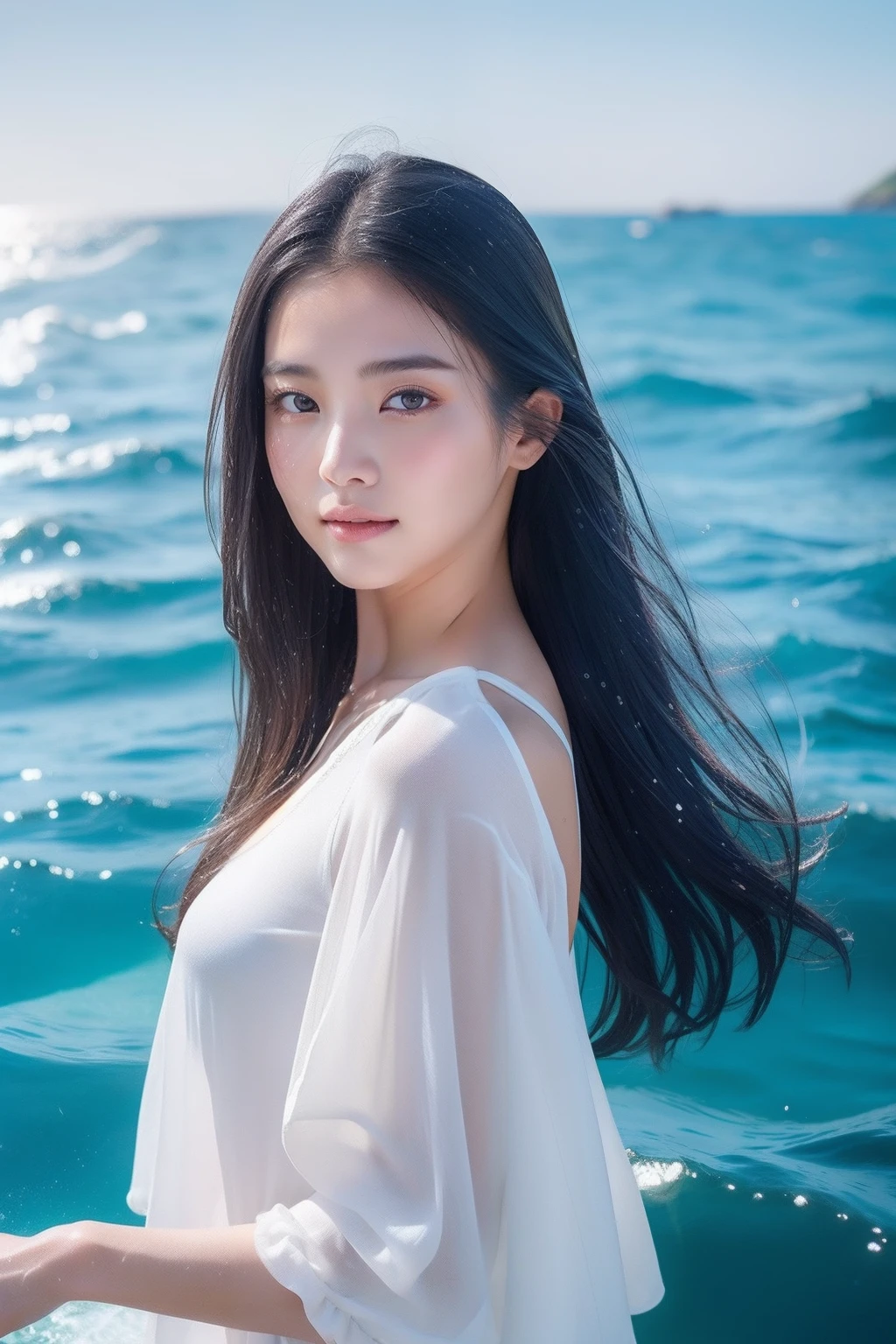 (top-quality、8K、32K、​masterpiece）Beautuful Women、Being in the sea、Half of the body is the sea、Wearing white clothes、Clothes and hair are wet