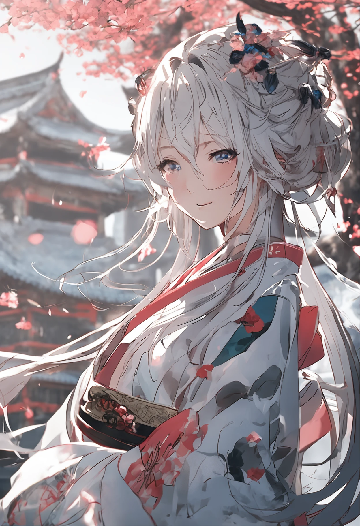 (realisitic、Photo Real:1.3)、top-quality、ighly detailed、​masterpiece、ultra-detailliert、illustratio、1 20 year old girl、Full-body figure、wearing Japanese kimono、Long white hair、Hair is fluttering、Eyes glow blue、dynamic ungle、extremely detailed CG unified 8k wallpaper、inky、magnifica、dynamic ungle、World Mastery Theater、messy_long_hair、top-quality、extremely detailed CG unified 8k wallpaper、inky、magnifica、movie lights、lens_flare、dunhuang_style、 A detailed face、Beautiful rendering of the demon world、(Intentional expression:1.5)、Standing in the tower、(looking up at the stars:1.2)、fireflys、Scar Floating、Sony Mastershot、Woman Taking A Photo、Inspired by Faedanche、White hair and bangs、High-resolution screenshots、nicovideo、normal hands、vivd colour、Full Face Shot of Limuru Tempest、 Nice studio lighting、VHS Screenshots、Beautiful fine face