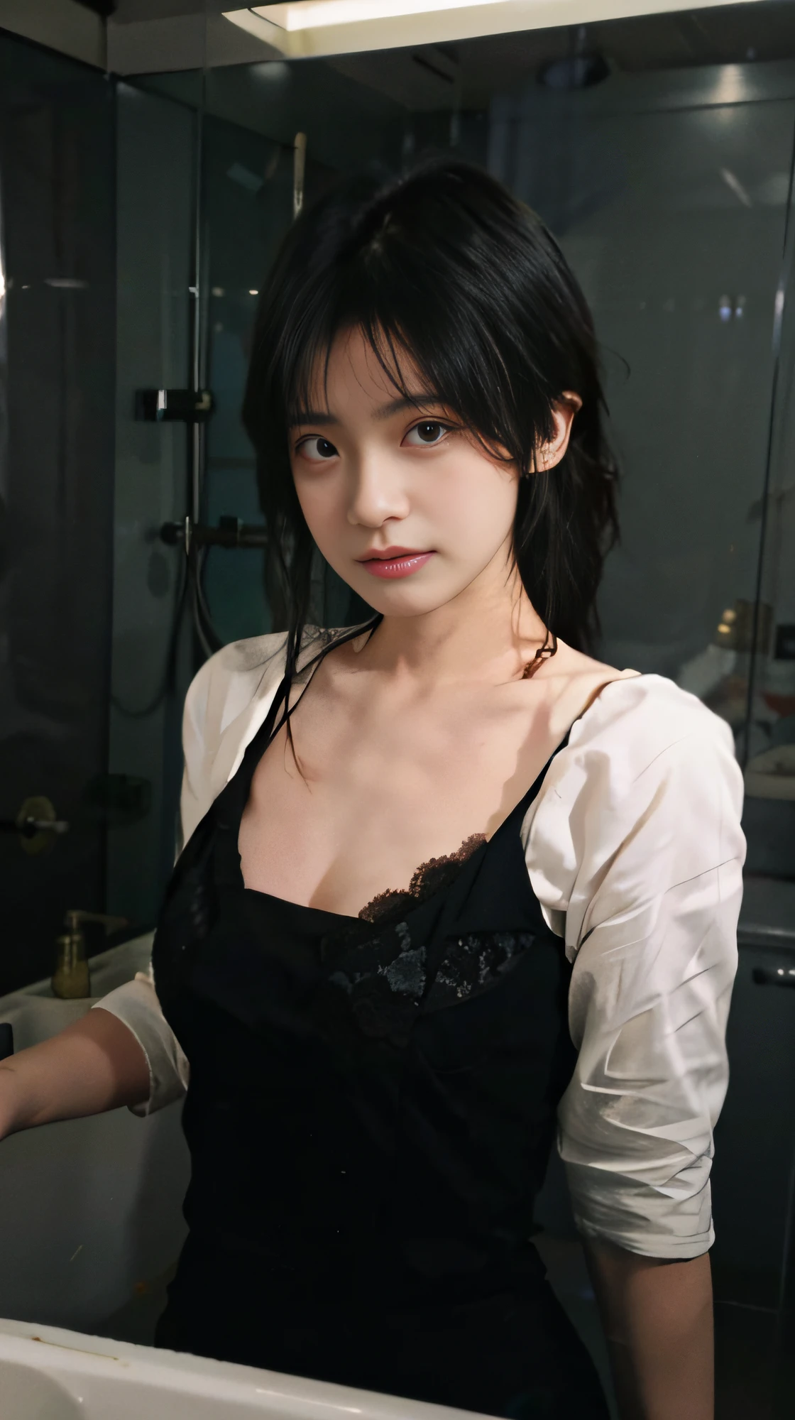 best qualtiy,tmasterpiece,超高分辨率,(realisticlying:1.4),1girll,In the bathroom,Raised sexy,(The shirt:1.2),(brassier:1.2),(big cleavage breasts:1.3),(The upper part of the body:1.4),Dressed in black lace,