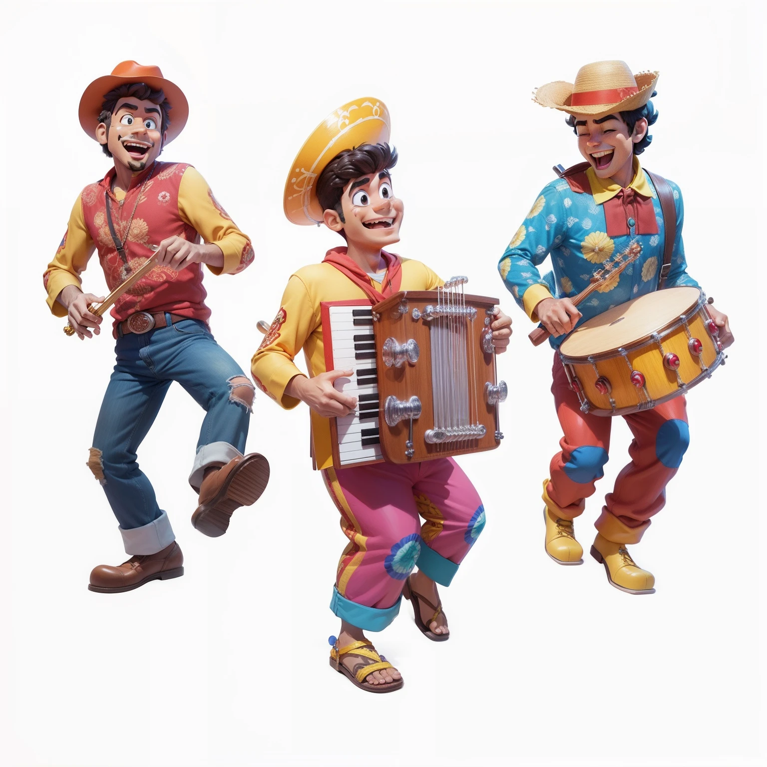 Desenho cartoon, Estilo Pixar, ..3d, homens alegres tocando instrumentos, alegria, sorriso, rostos realista