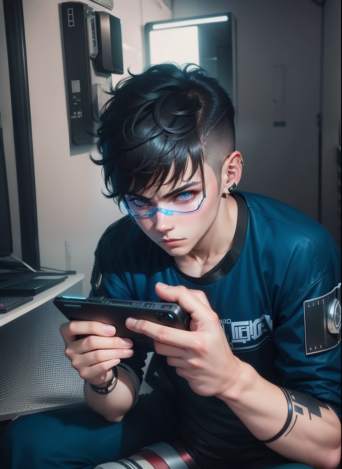Change background cyberpunk handsome boy, realistic face, 8k, ultra realistic, neon, cute , face real,