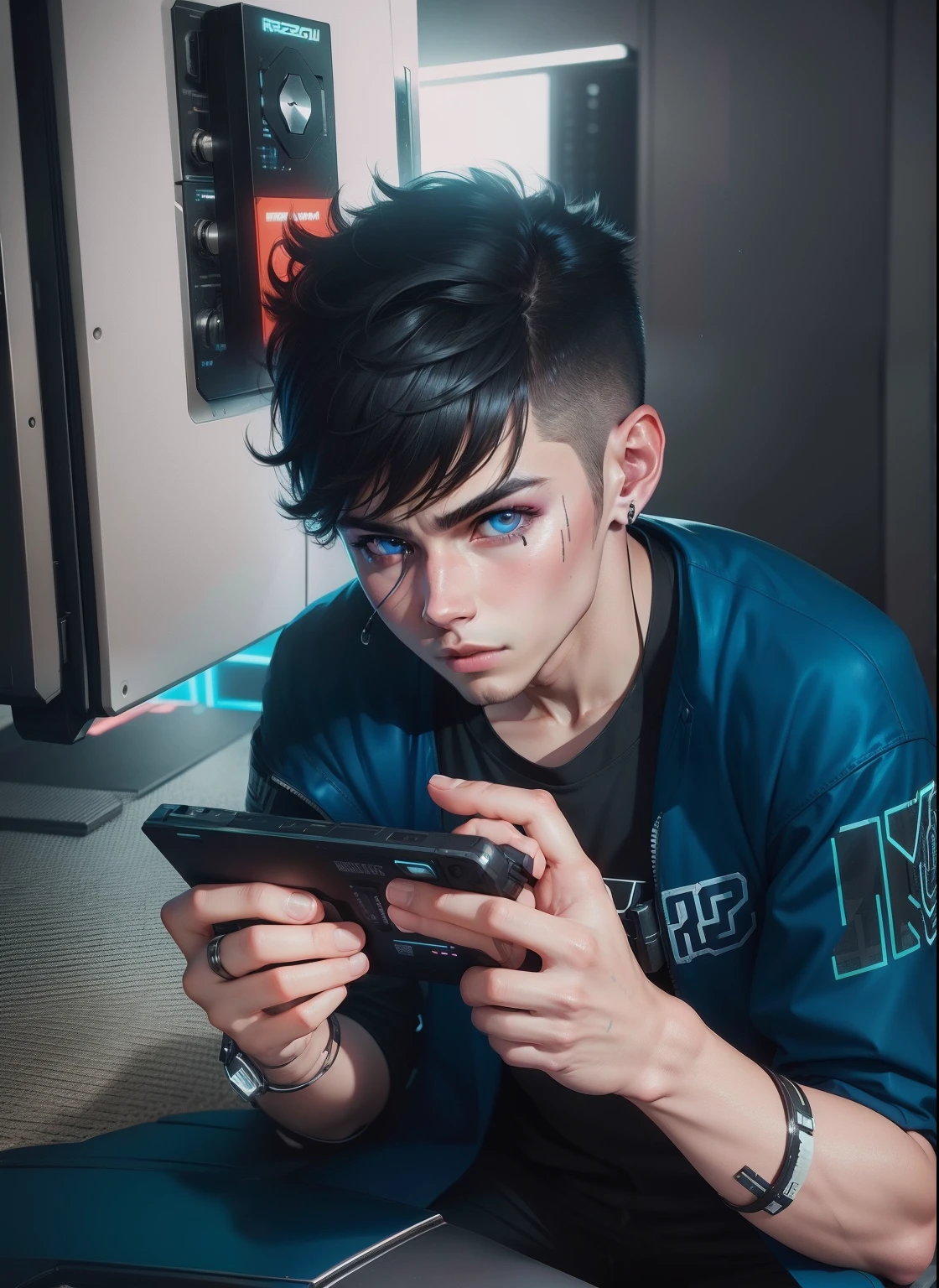 Change background cyberpunk handsome boy, realistic face, 8k, ultra realistic, neon, cute  boy, face real,