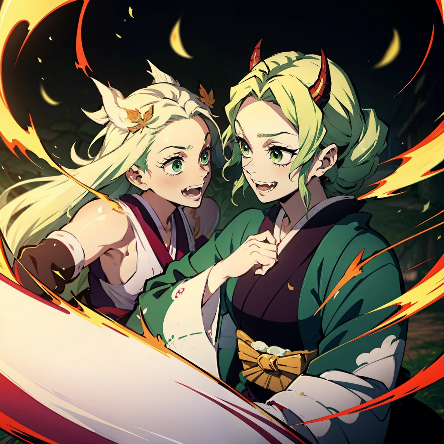 Kimetsu no Yaiba style, 1 girl, beautiful, white hair and green hair with a hint of green at the ends, hair down, evil smile, demo, has a leaf tornado surrounding her, in a fighting stance, has fangs, horns, wears a torn kimono, geisha, claws, high mystery demon