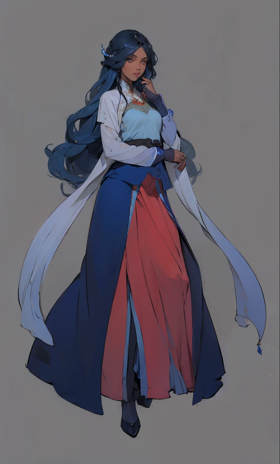 dark skin, Arabian clothing, long hair, curly hair, flowing hair, deep blue hair, detail face, detail clothing