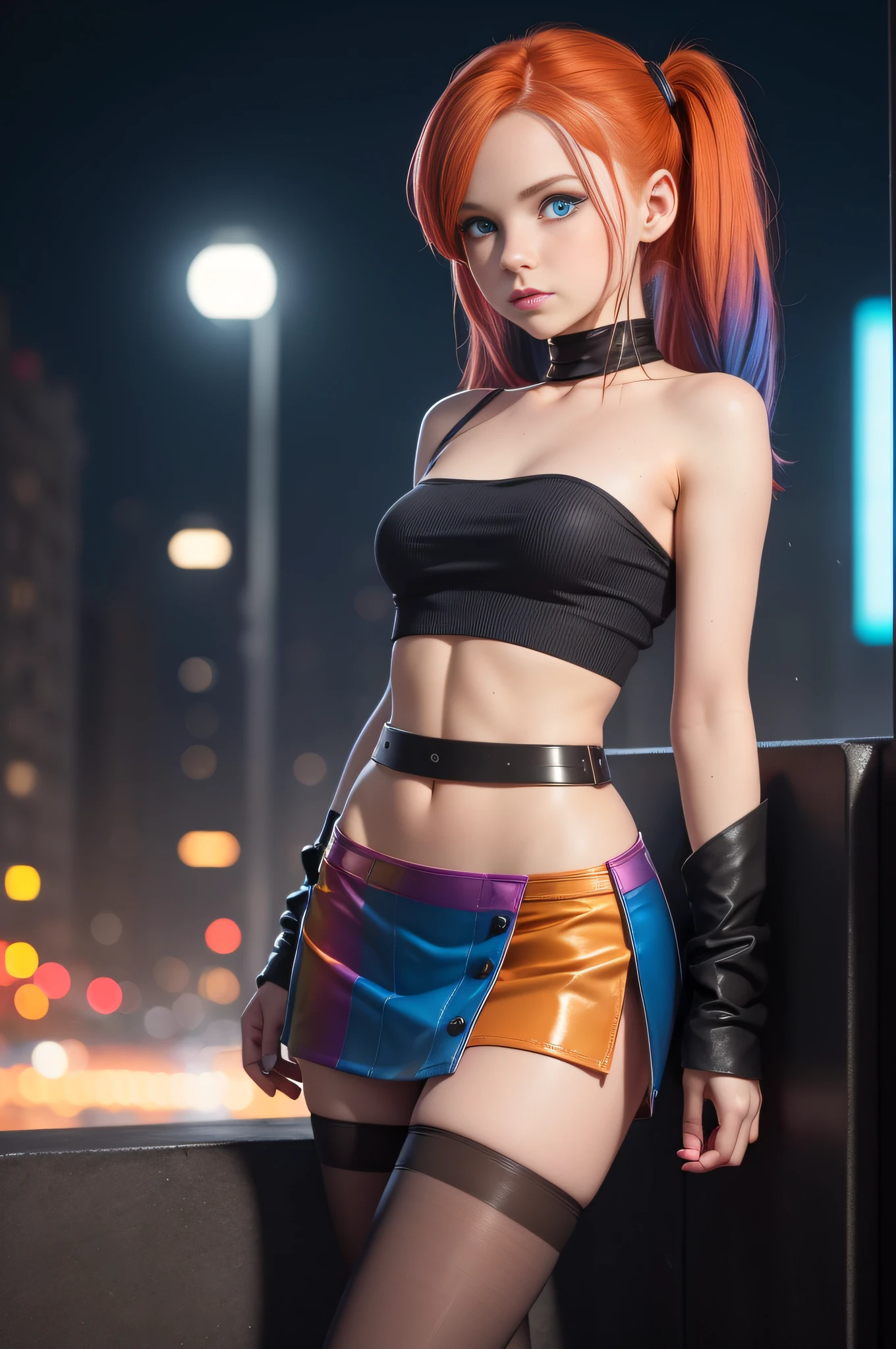 1 girl, solo, (nsfw), cute redhead 18-year-old girl in twin tails, ((perfect female body)) multiple (rainbow colored hair: 1.2), (beautiful detailed blue eyes: 1.6), (photo realistic eyes: 1.6), happy, Ukrainian, (petite body), ((small hips)), pale white skin, (mini skirt and tube top), (matte pantyhose: 1.6), ("tron legacy" style background}, (night time), photo realistic.