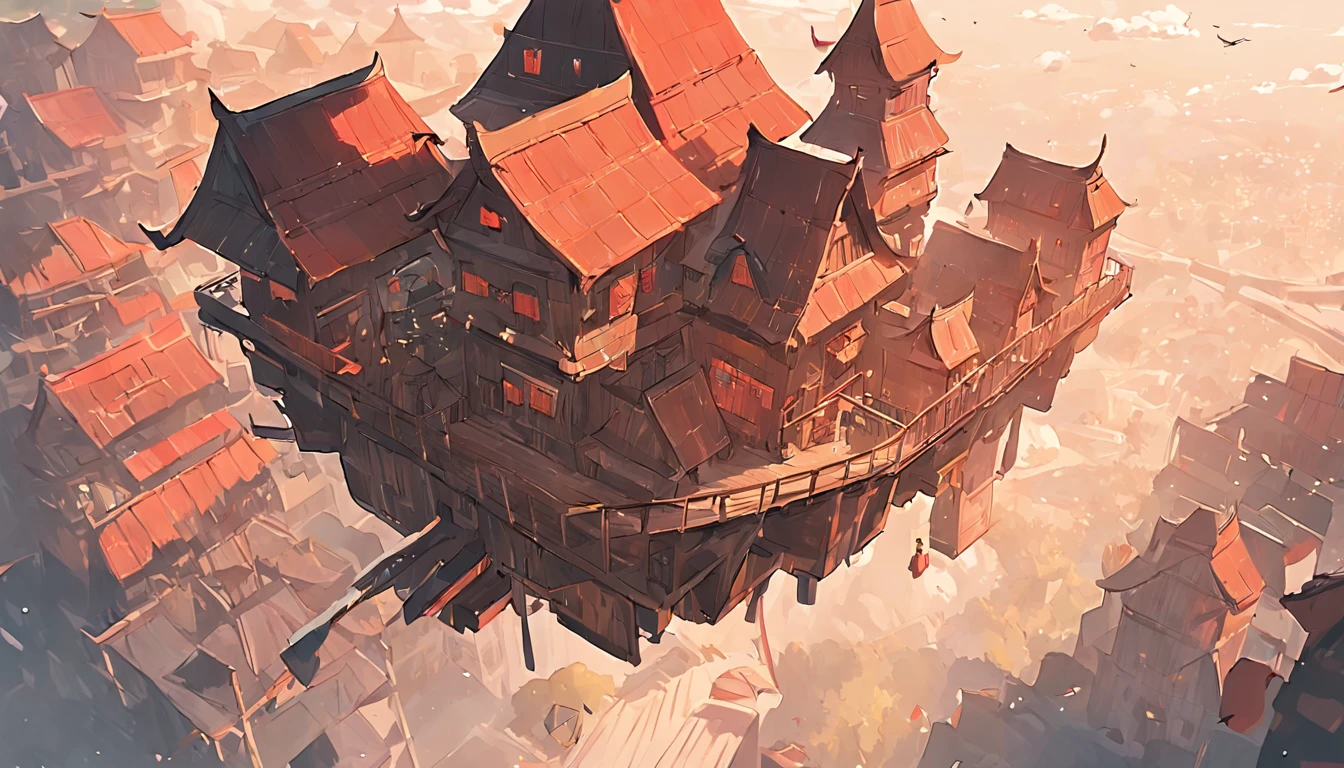 Illustration Metro vilage, flying houses, (Medieval houses is flying), Solitary houses, wooden stair, (flying train), Red Star Yellow Flag, horizontal view, high detail, Flying wooden motorcycles, fantasy, (no human)