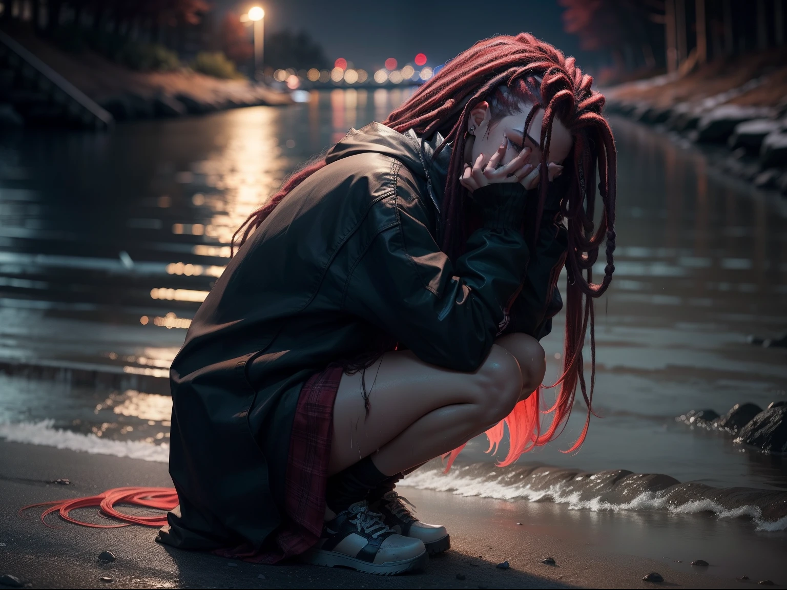 the night.dark .beside a river.1girll.red tinted hair.dreads.8k wallpaper.A half body.kneels on the ground.clothes wet.Cover your face with your hands.tmasterpiece.