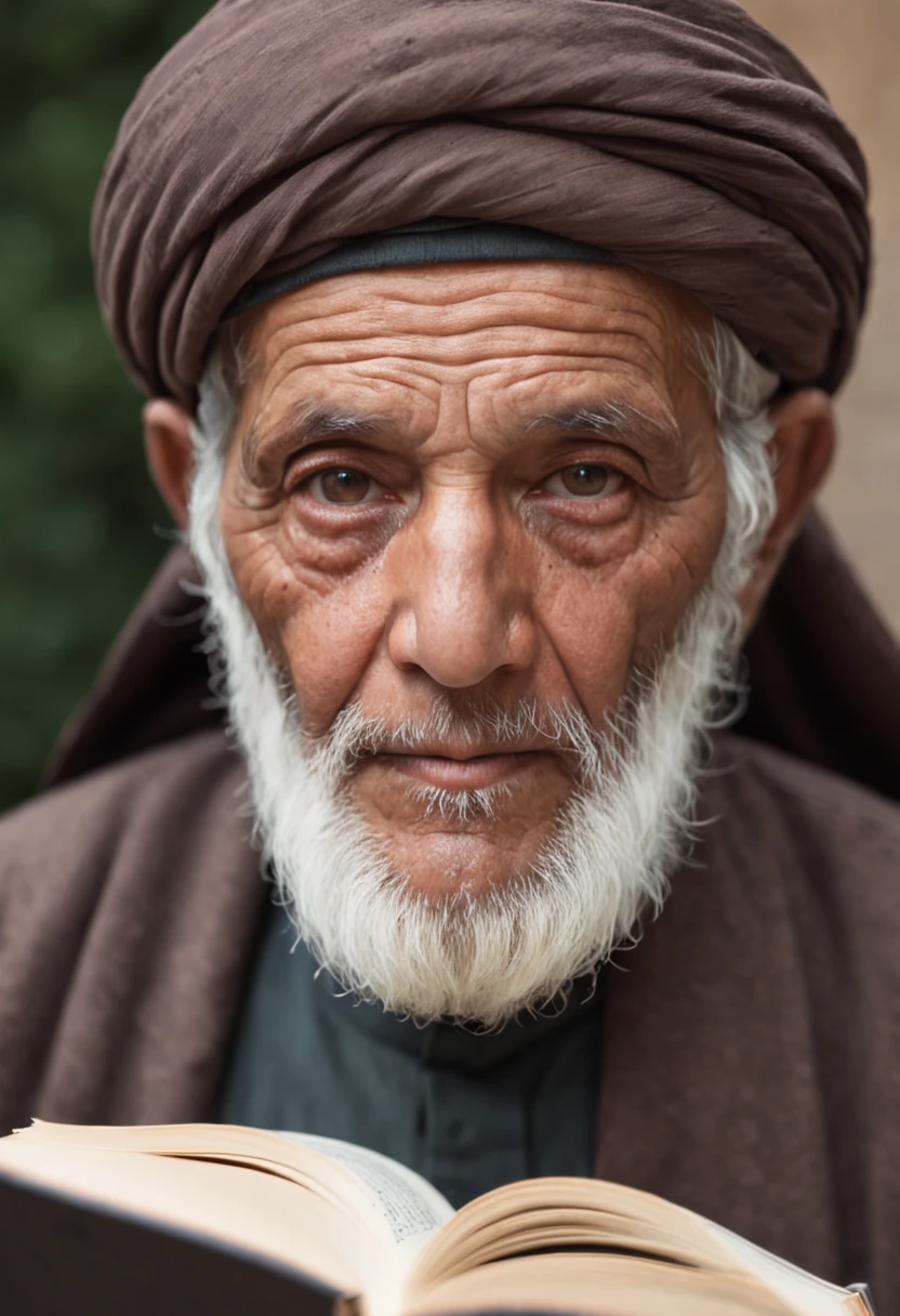 A muslim old man with open eyes looks in the camera with book in hand in a bookroom background