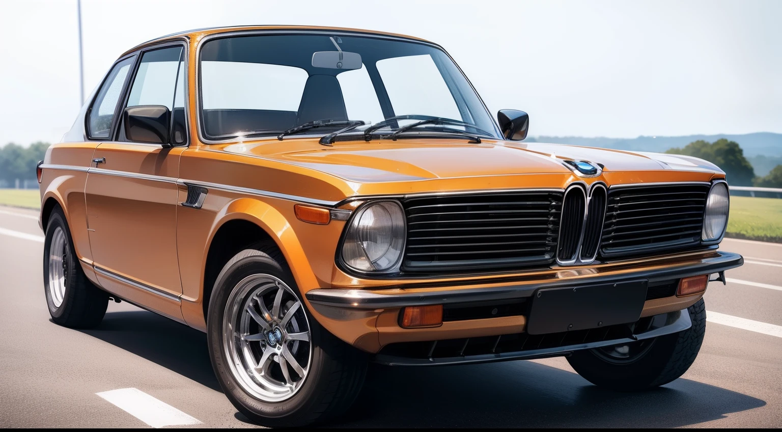 Best quality, masterpiece, (photorealistic:1.4), RAW photo, 8k image of iconic "BMW 2002". The (((BMW 2002))) is a compact car that has become an emblem of the brand and a benchmark in the history of sports cars. Its design and performance capture the essence of driving fun and driving passion. Viewed from the front, the BMW 2002 exhibits a distinctive double-kidney grille that has become iconic. Vertical slats framed in chrome accentuate its distinctive character. Circular headlamps, with internal accents and clear covers, bring a touch of classic elegance to the front of the car. The hood lines are smooth and extend into the windshield, creating a sense of fluidity and speed. The front wings are pronounced but elegant, adding a dose of aggressiveness to the overall profile of the vehicle. Viewed from the side, the BMW 2002 presents balanced proportions and an athletic stance. Multi-spoke alloy wheels add a touch of style and are a testament to the focus on performance. Smooth roof lines flow into the rear, while the side windows offer a clean, modern look. Slightly raised rear wings add a touch of style and sportiness to the design. The round taillights, framed by chrome accents, are a nod to BMW's classic heritage and contribute to the car's timeless aesthetic. The rear of the BMW 2002 is distinguished by its clean and simple design. The integrated bumper, chrome accents and BMW badge in the center complete the harmonious and sophisticated look. In short, the BMW 2002 is an example of elegant design and exciting performance. Its timeless aesthetics, from the signature grille to the round taillights, pay homage to BMW's heritage and embody a passion for driving and design. This iconic model has left an indelible mark on sports car history and remains a favorite among enthusiasts to this day.