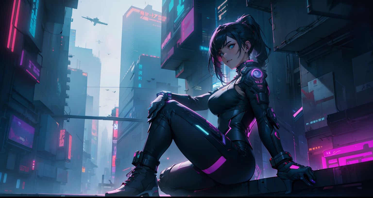 Dark cyberpunk city with neon lights in the valley of skyscrapers。On the windowsill of a glazed apartment、One girl sitting in gym、Deep loneliness drifts in the air。Her lonely gaze、Resonate with the viewer。