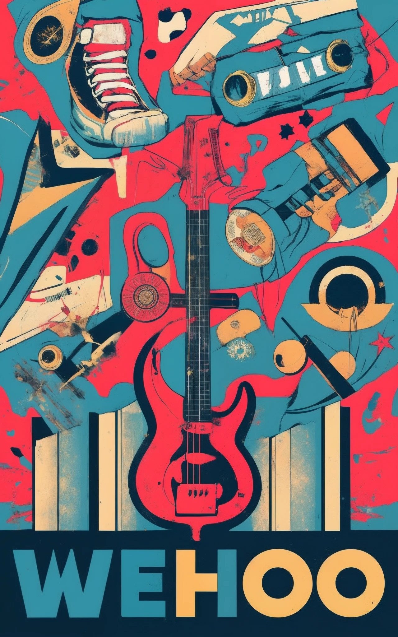 "Festival Wehoo" cartaz de propaganda da armadura, festival de rock, (background with illustrations of rock band instruments), (Illustrations of music icons), "Music Festival Poster", Festival de Cartazes, "music, arte de rua", Anos 90, Tipografia, cartaz de propaganda, Politician, vindima., 4k, arte conceitual