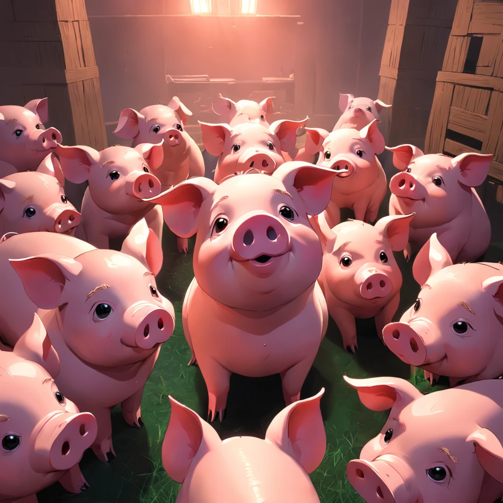 Draw 8 cartoon pigs,3D style,blender,adolable