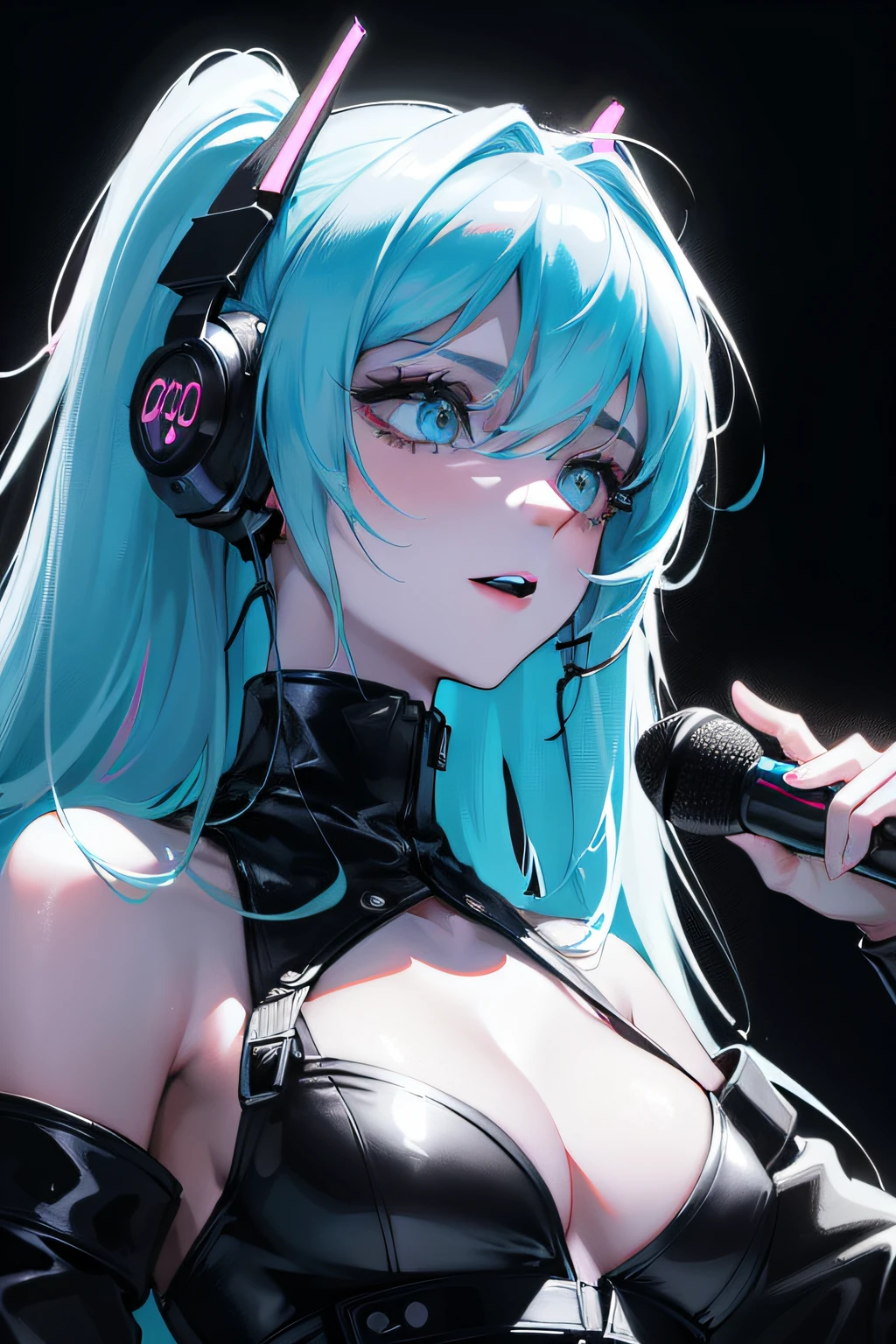 A teenage female，singers，sing，Background stage，cyberpunk lights，The upper part of the body， eyes reflection，， Ray traching， reflective light， lightand shade contrast， cinmatic lighting， closeup cleavage， tmasterpiece， best qualtiy， high detal， A high resolution， ccurate， textureskin， high high quality， hyper HD， HD