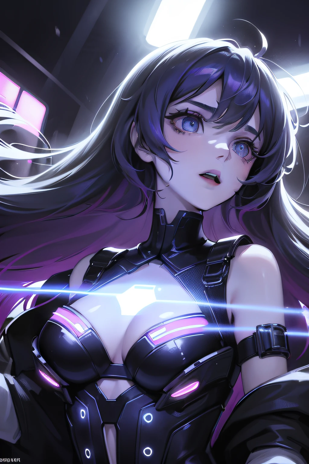 A teenage female，singers，sing，Background stage，cyberpunk lights，The upper part of the body， eyes reflection，， Ray traching， reflective light， lightand shade contrast， cinmatic lighting， closeup cleavage， tmasterpiece， best qualtiy， high detal， A high resolution， ccurate， textureskin， high high quality， hyper HD， HD