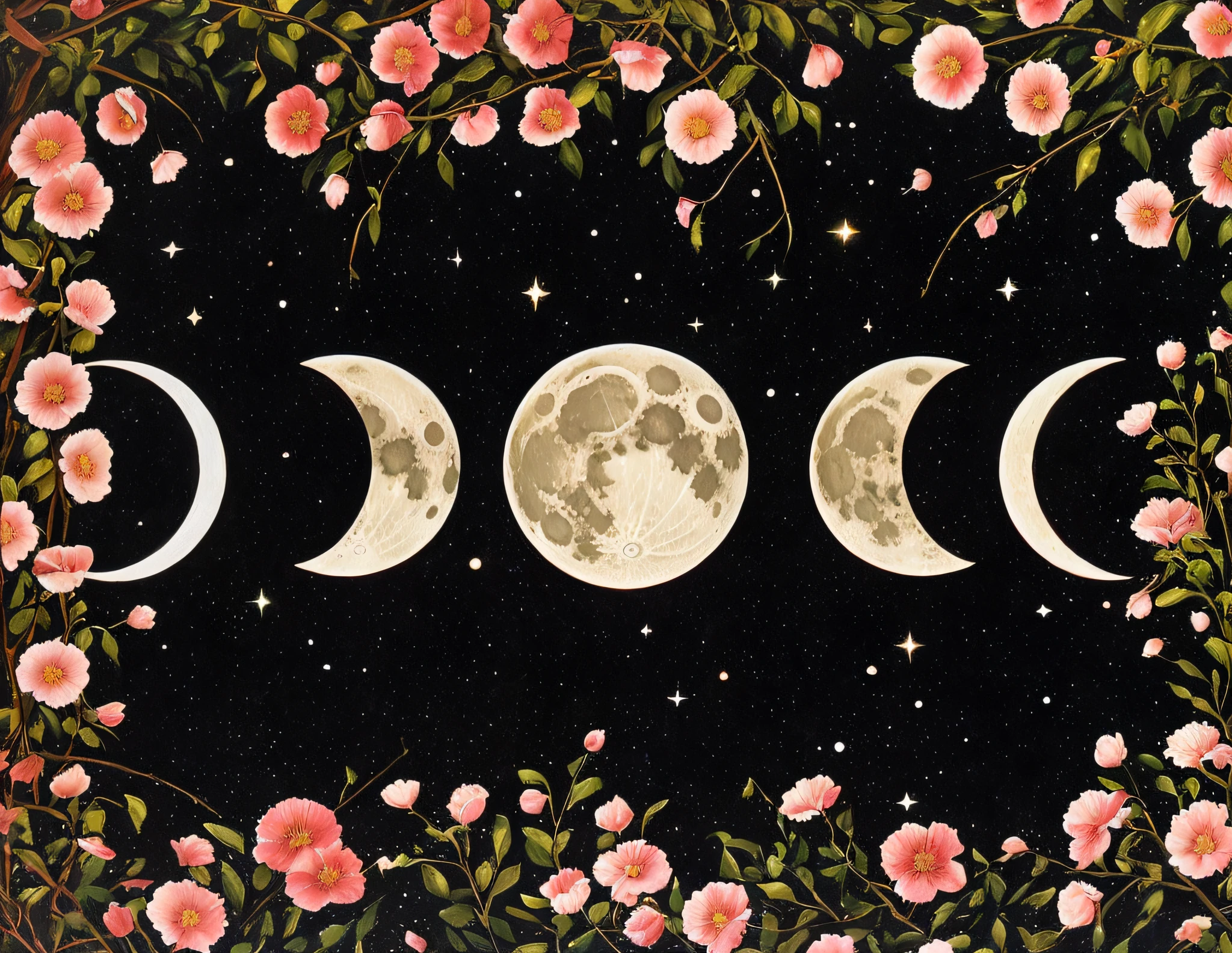 A close-up of a three-phase painting of the moon, lunar cycles, Moon phases, lunar backdrop, the moon in the background, multiple moons, moons, lunar time, Multiple satellites glow, traditional moon, The Moon orbits other moons, celestial red flowers vibe, lunar goddess, lunar backdrop, 3 moons, ✨🕌🌙, The moon and stars