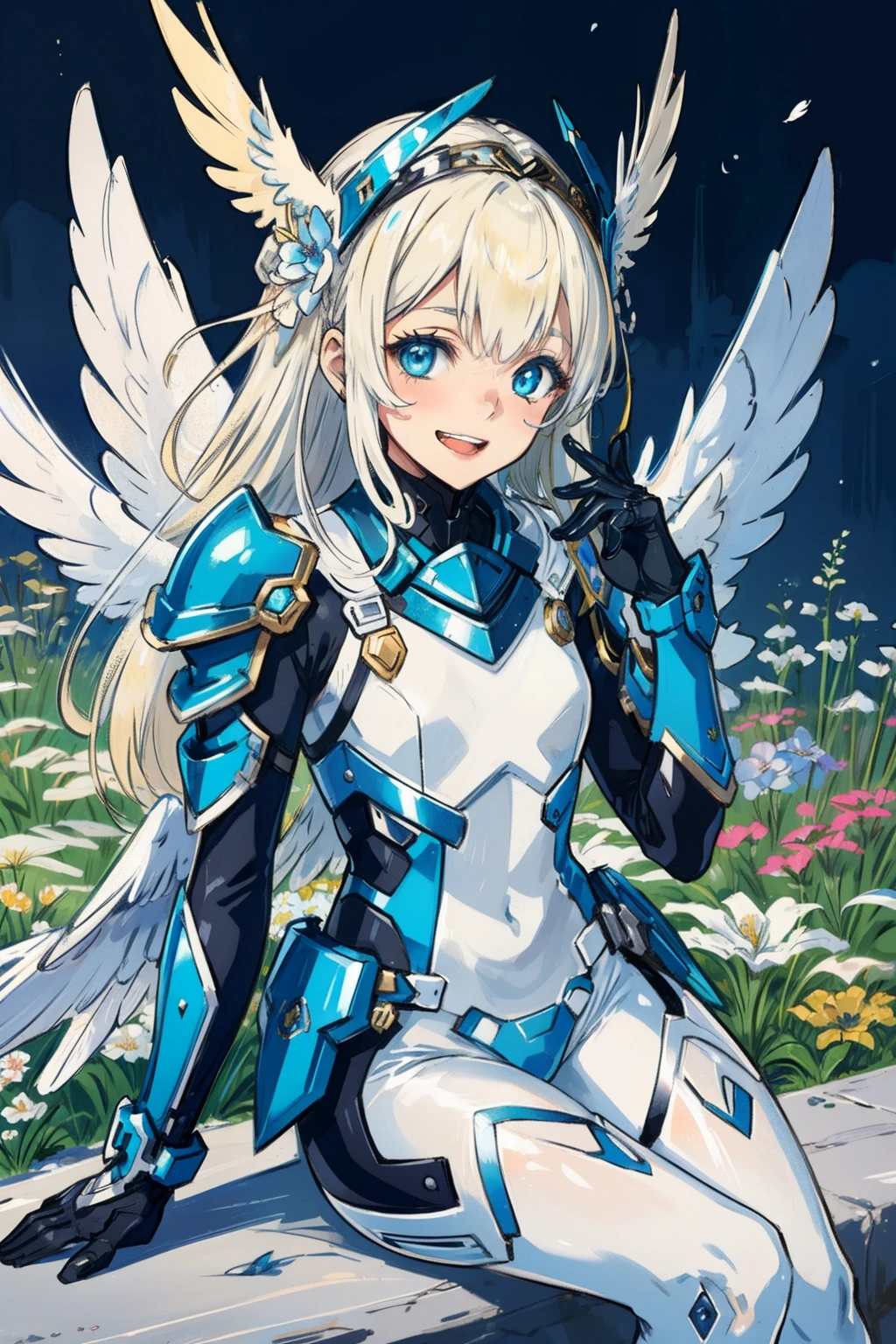 (​master piece, Best Quality),  Intricate details, valkyrie, kawaii, Happy, (((Laugh))), Villainous smile, Looking at Viewer, Feather Headgear, Flower meadow, Sitting, flat breast, 22year old,
1 girl in, Solo, Portrait, Tentacle Plutinum Blonde Hair, drooping ice blue eyes, Silver Single Thigh, White Independent Single Sleeve, gloves, 
 mecha musume, White bodysuit, Silver Reinforced Suit, Feather wings, silver pantyhose, full armor, flower decoration, equip sword,