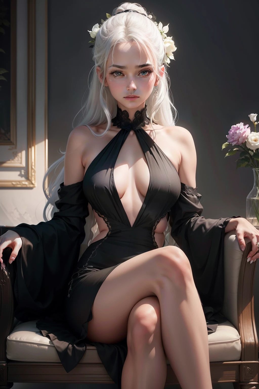 {best quality}, {{masterpiece}}, {highres}, original, extremely detailed wallpaper, {an extremely delicate and beautiful},1girl,extremely detailed,adult lady,{small chest}, white hair, ponytail, long hair, messy hair,white trench coat, studio photography, masterpiece, cinematic highlight hair,oil painting, realistic, handsome,photorealistic,{black halter dress },{black backless dress},sitting on chair,{flower hairbin},{flower on hair},barefoot,crossed legs,handsome,expressionless,