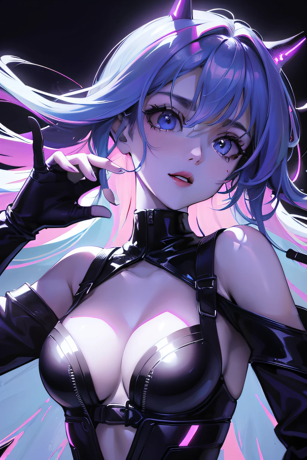 A teenage female，singers，Sing，Background stage，Cyberpunk lights，The upper part of the body， eyes reflection，， Ray traching， reflective light， lightand shade contrast， cinmatic lighting， closeup cleavage， tmasterpiece， best qualtiy， high detal， A high resolution， ccurate， textureskin， high high quality， hyper HD， HD